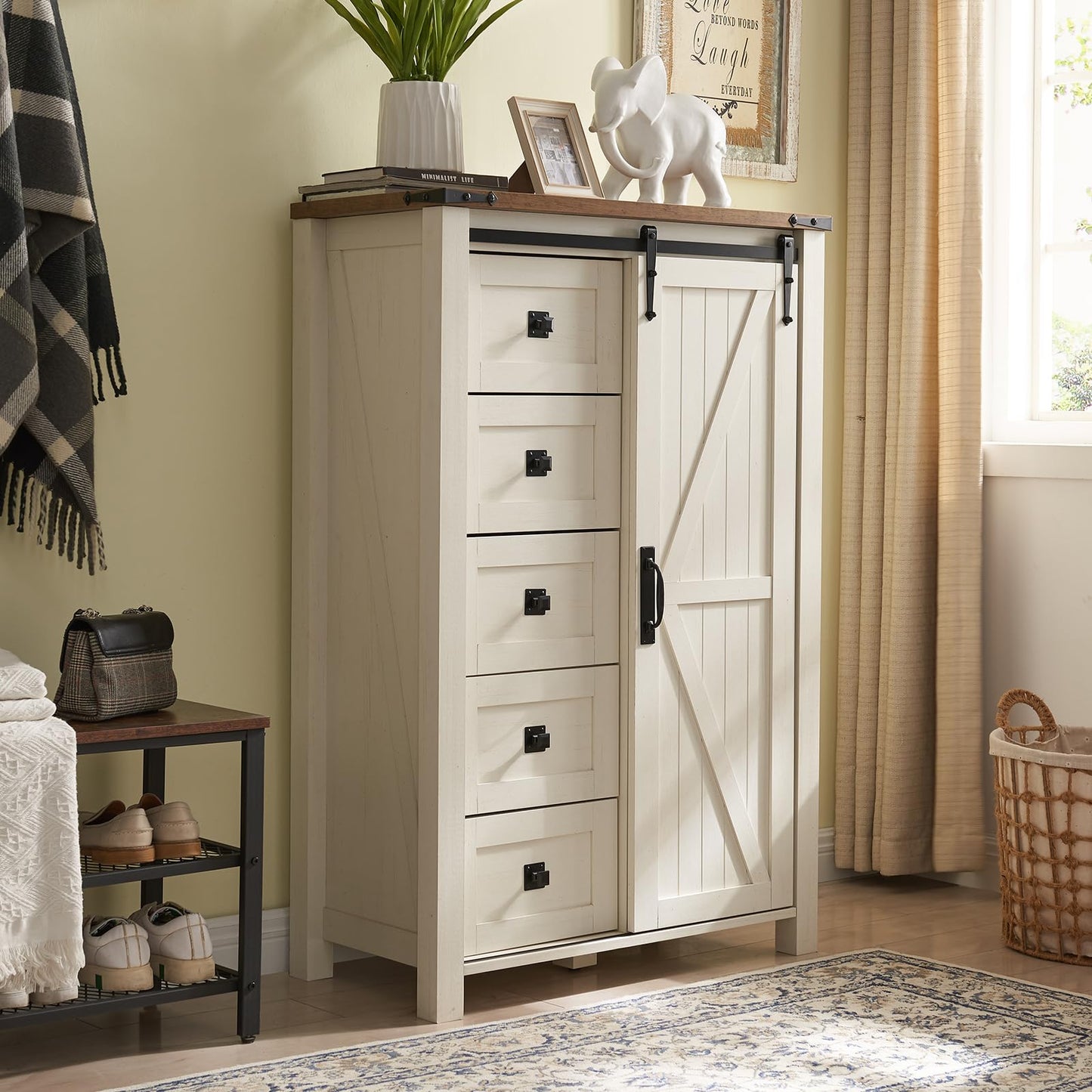 T4TREAM 5 Drawers Dresser for Bedroom w/Sliding Barn Door, Farmhouse Modern Tall Dresser 5 Chest of Drawers, Storage Organizer for Bedroom, Hallway, Living Room, Kids Room, Antique White