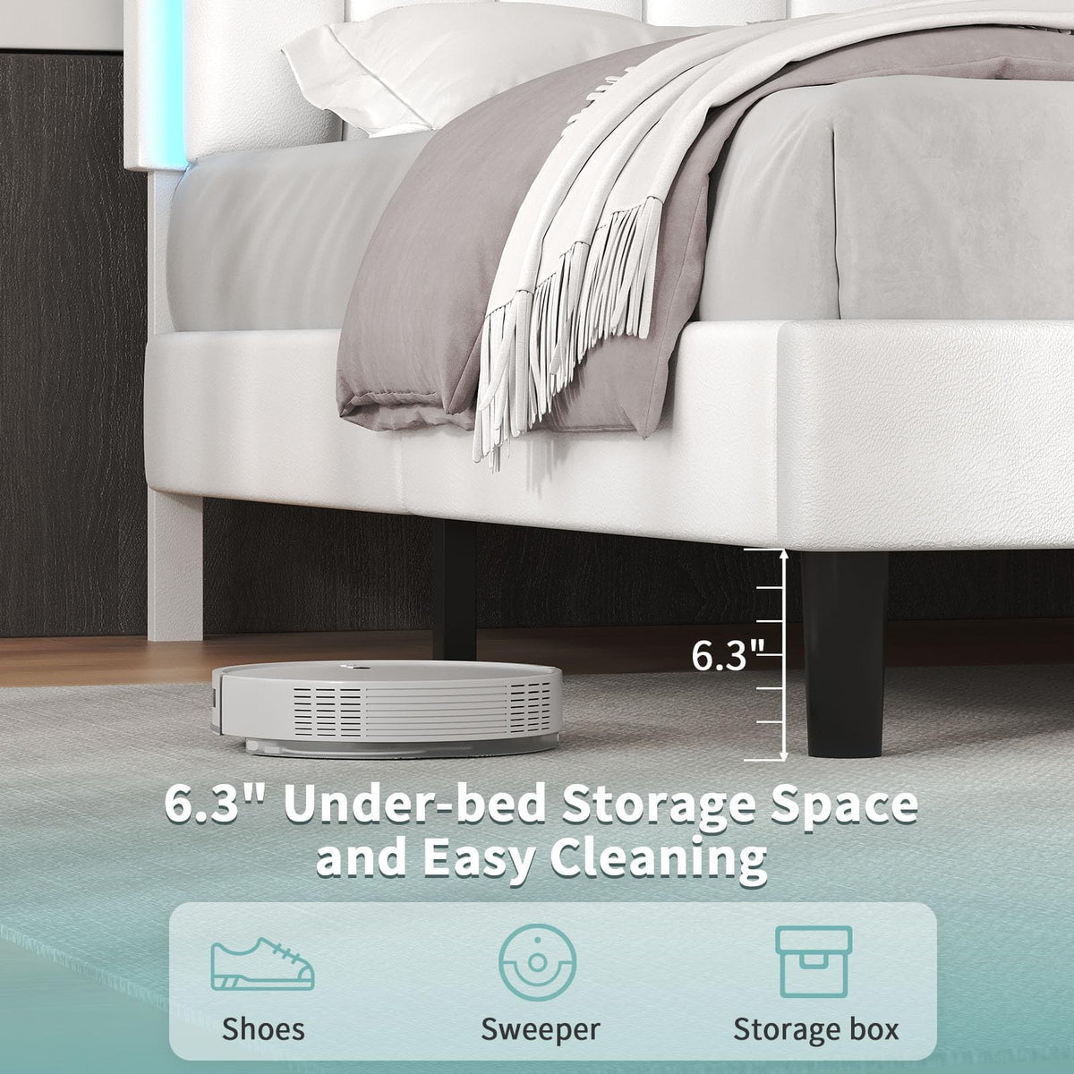 IMMERSTABLE Queen Bed Frame, Bed Frame Queen Size with LED Lights, Upholstered Queen Bed Frames with Headboard, Heavy Duty Wood Slats Support, Noise-Free, No Box Spring Needed, Easy Assembly, White