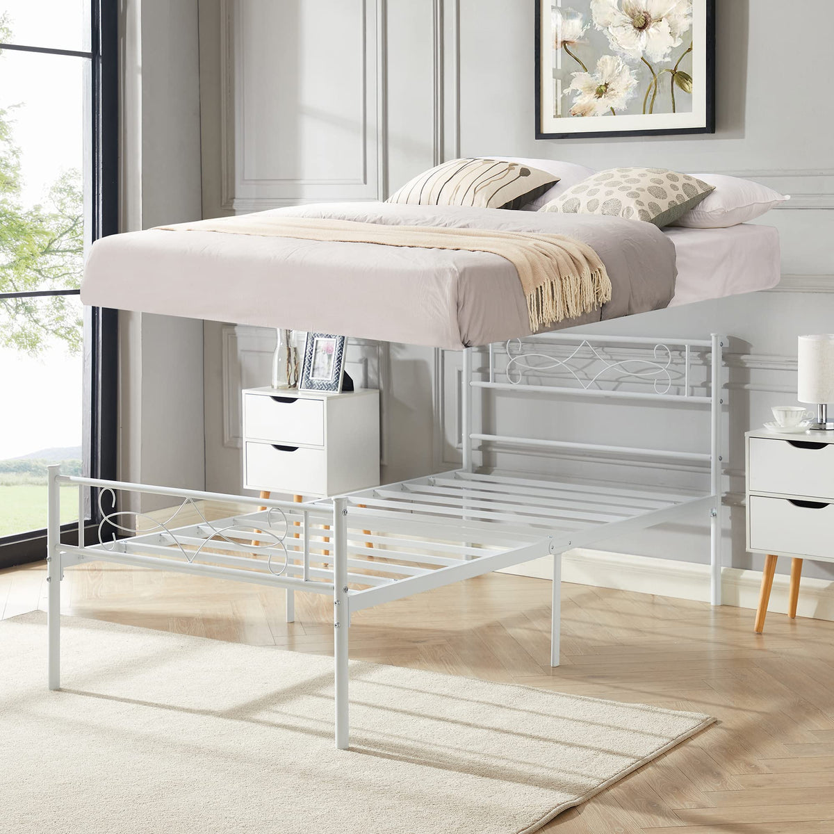 VECELO 14" Twin Size White Metal Platform Bed Frame with Headboard,Premium Steel Slat Support/No Box Spring Needed/Noise-Free/Easy Assembly