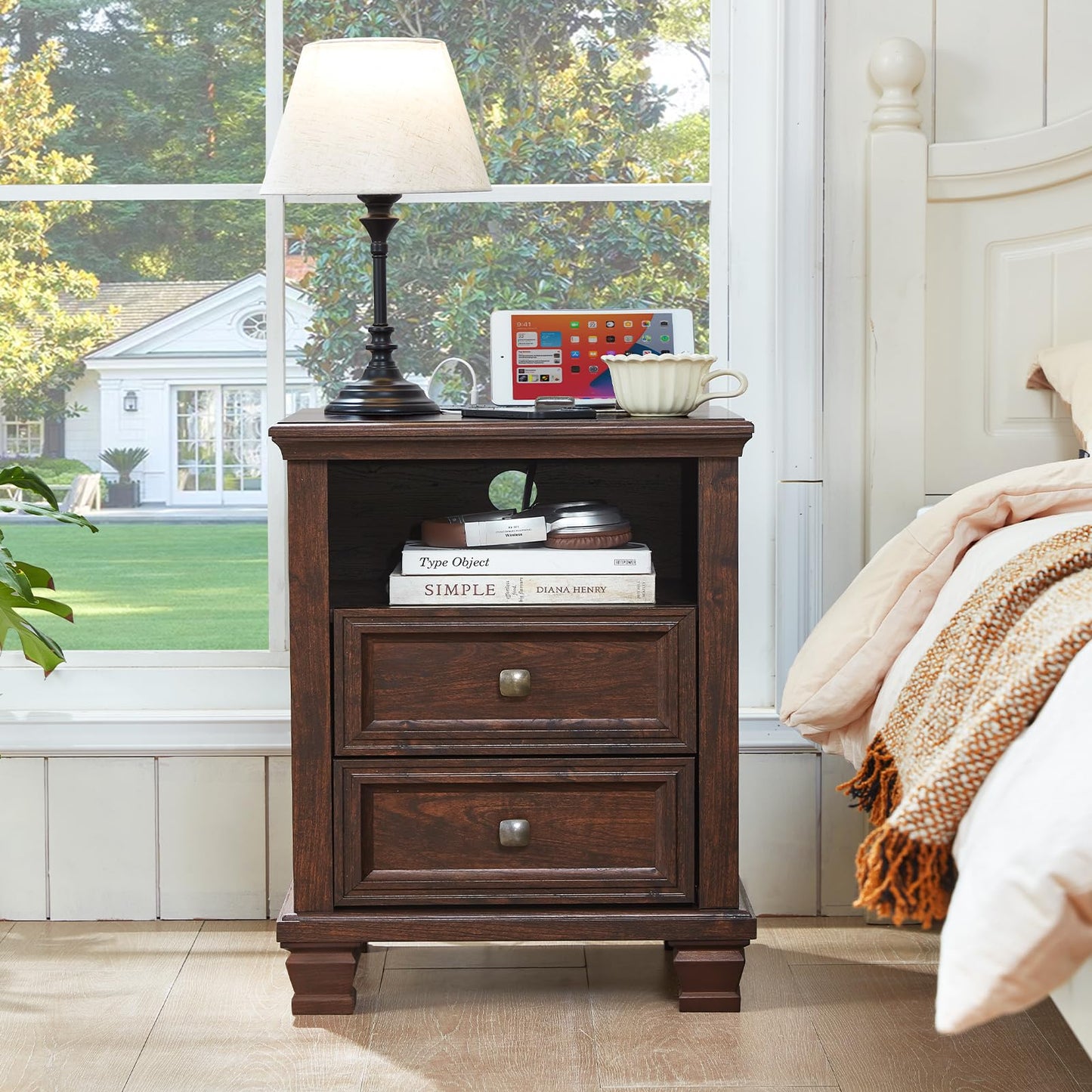 SAVOR LIFE Farmhouse Nightstand with Charging Station, Rustic Brown Nightstand,2 Drawers End Table for Living Room,Bedside Table with Open Shelf for Bed Room,Walnut