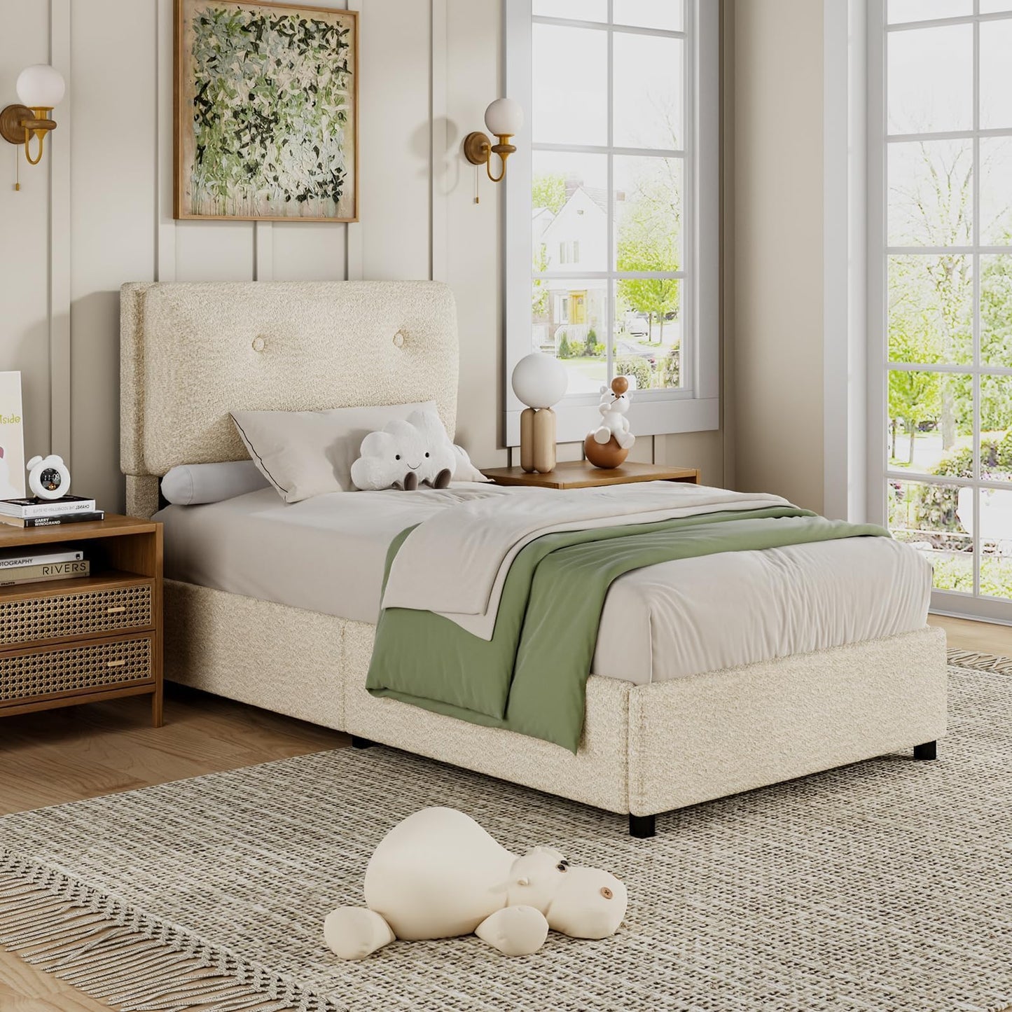 CHABUILDREARK Twin Bed Frames, Boucle Upholstered Platform Bed Frame with Soft Headboard, Wooden Slats Support, Low Profile Bed Frame, No Box Spring Needed, Easy Assembly, Cloud Bed Frames, Cream