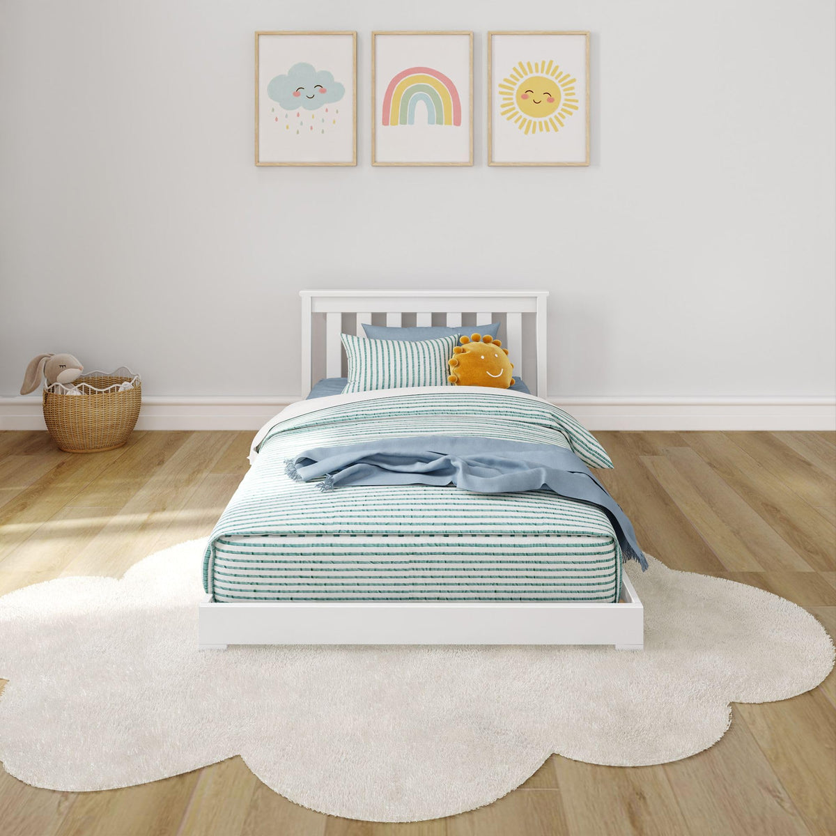 Max & Lily Classic Twin Floor Bed, 79.75 Inches, Solid Wood Low Bed Frame for Kids, Modern Floor Bed for Bedroom, White