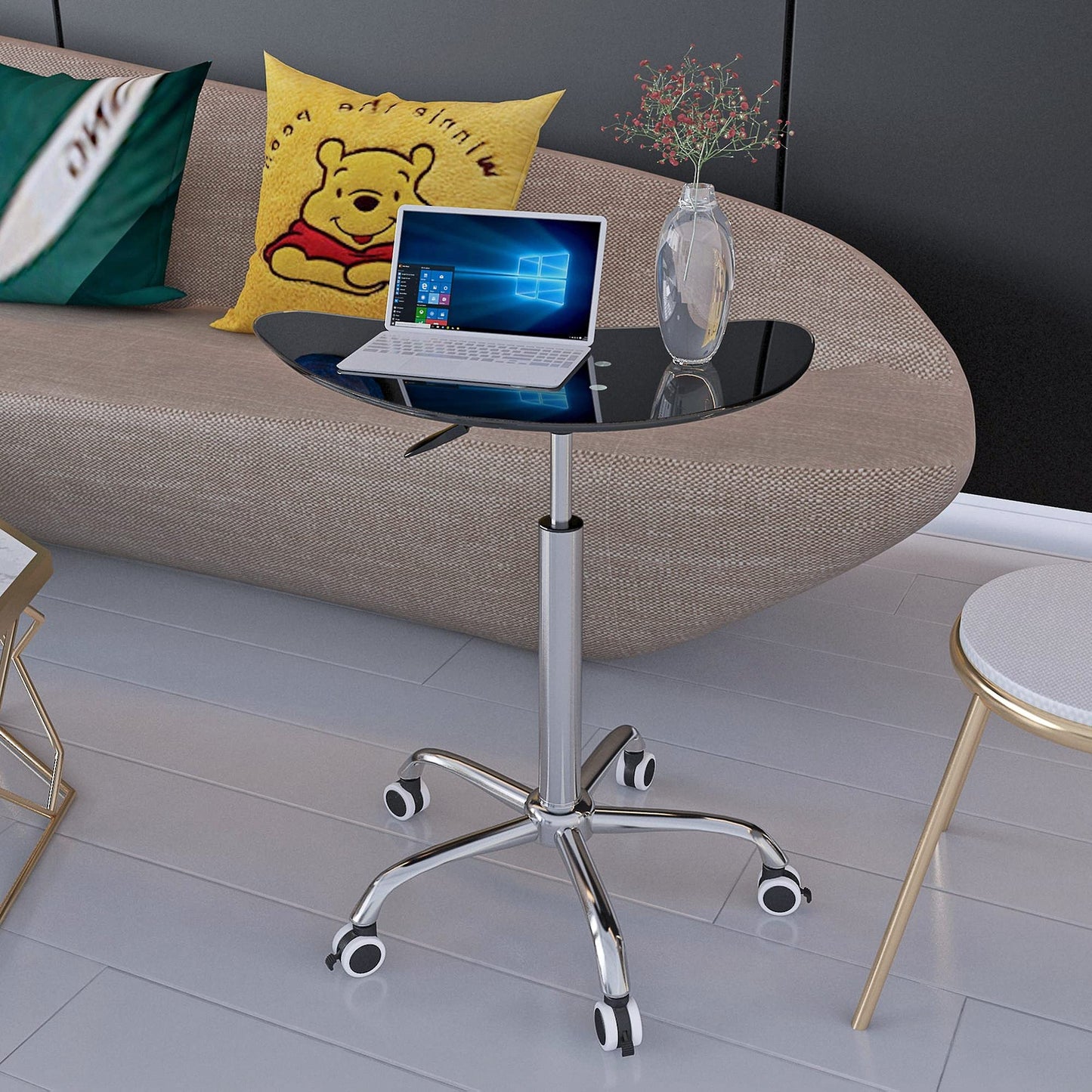Adjustable Height Tempered Glass Side Table, Rolling Small Desk with 5 Lockable Wheels.(Adjustable Range 24.2 "~32.7 ") (Black)
