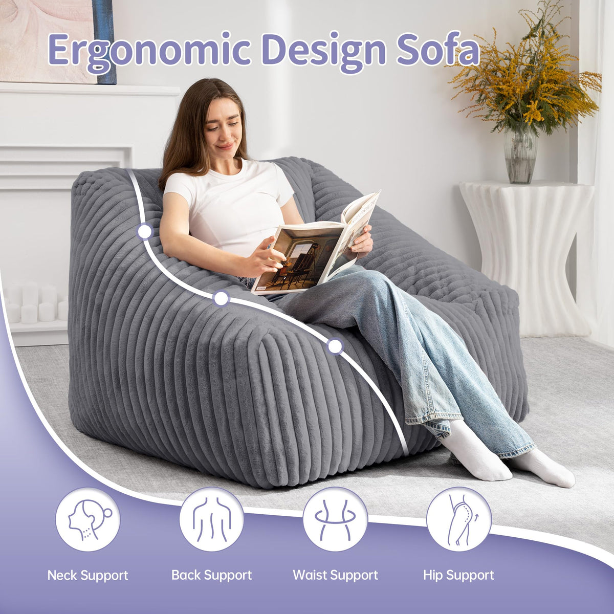 HABUTWAY Bean Bag Chair, Giant Bean Bag Chairs for Adults and Kids, Bean Bag Sofa, Lazy Floor Sofa, Faux Fur Beanbag Chair with Armrests for Living Room Bedroom (Grey)