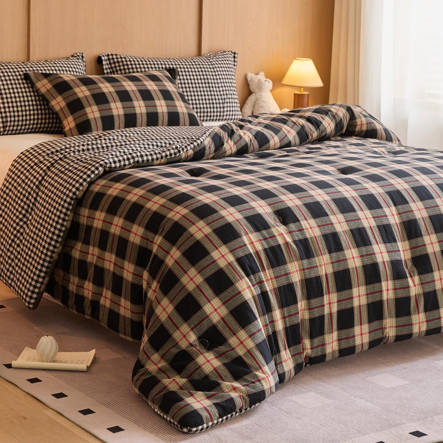 hadamick 100% Cotton Comforter Set Twin Size – Reversible Yarn-Dyed Checkered Design, Soft Washed Cotton on Both Sides, Lightweight All-Season Bedding, Machine Washable(Black Red Plaid, 68”x90”)