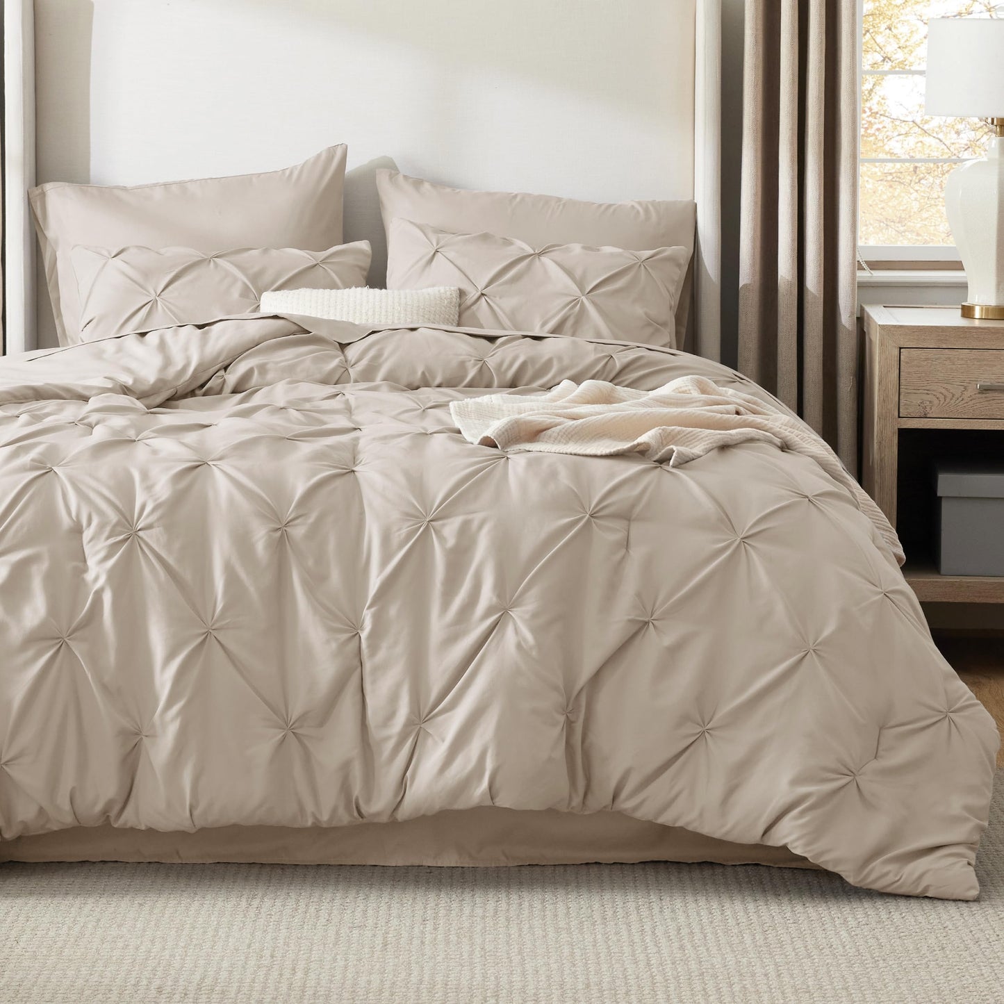 Bedsure Queen Comforter Set Beige - Bed in a Bag Queen Size 7 Pieces, GentleSoft™ Pintuck Bed Set Gift for Family, Pinch Pleat Beige Comforter with Sheets, Pillowcases & Shams