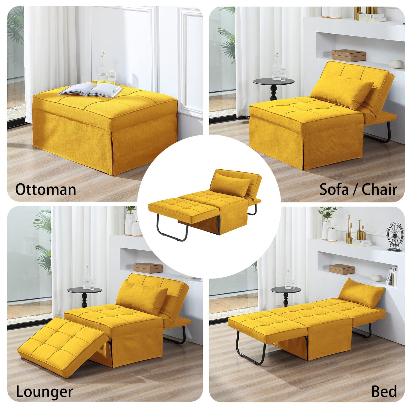 BIGSYY Sofa Bed, 4 in 1 Multi-Function Folding Ottoman Breathable Linen Couch Bed with Adjustable Backrest Modern Convertible Chair for Living Room Apartment Office, Yellow