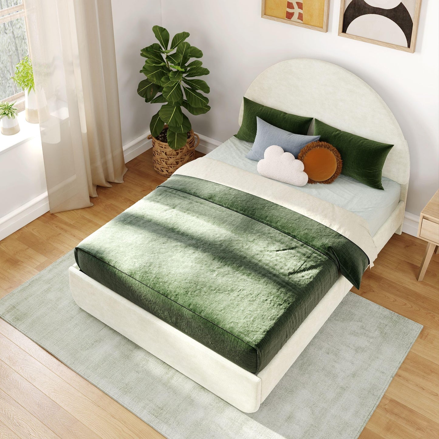 Max & Lily Upholstered Full Bed Frame with Arch Headboard, Upholstered Platform Bed for Kids, No Box Spring Needed, Easy Assembly, Cream