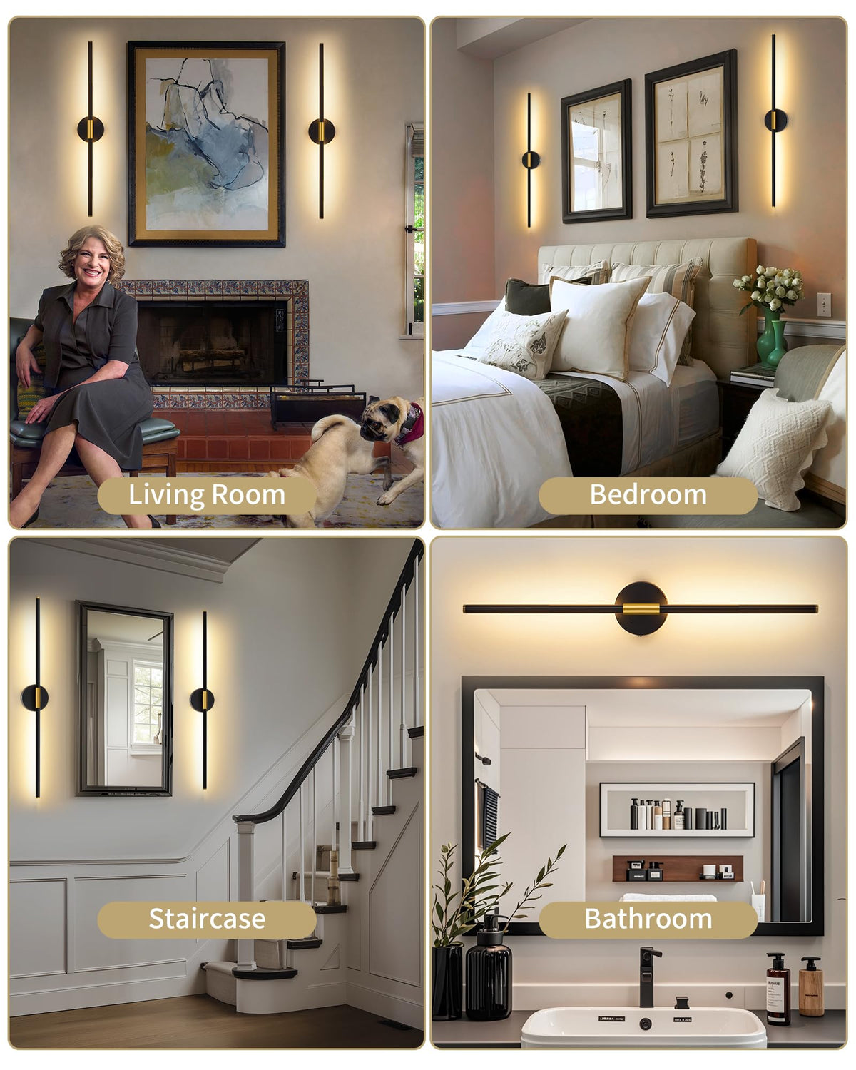 Battery Operated Wall Sconce Set of 2, 10000mAh Wireless Rechargeable Wall Lights with Remote, 24 Inch Dimmable 3000K-6000K LED Wall Lamps with Timer for Living Room, Bedroom, Black Gold, 350° Rotate