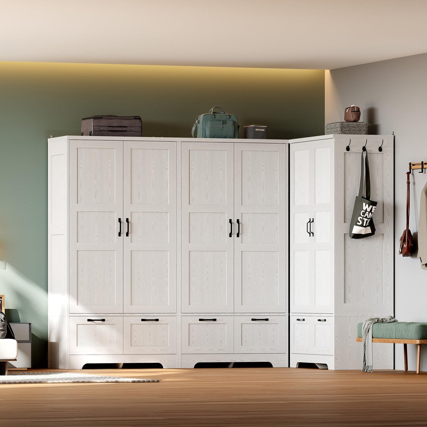 ANCTOR Armoire Wardrobe Closet, 71" H Wooden Clothing Storage Cabinet with 2 Doors and 2 Drawers, Bedroom Freestanding Wardrobe Combination with Hanging Rod and Adjustable Shelves, White