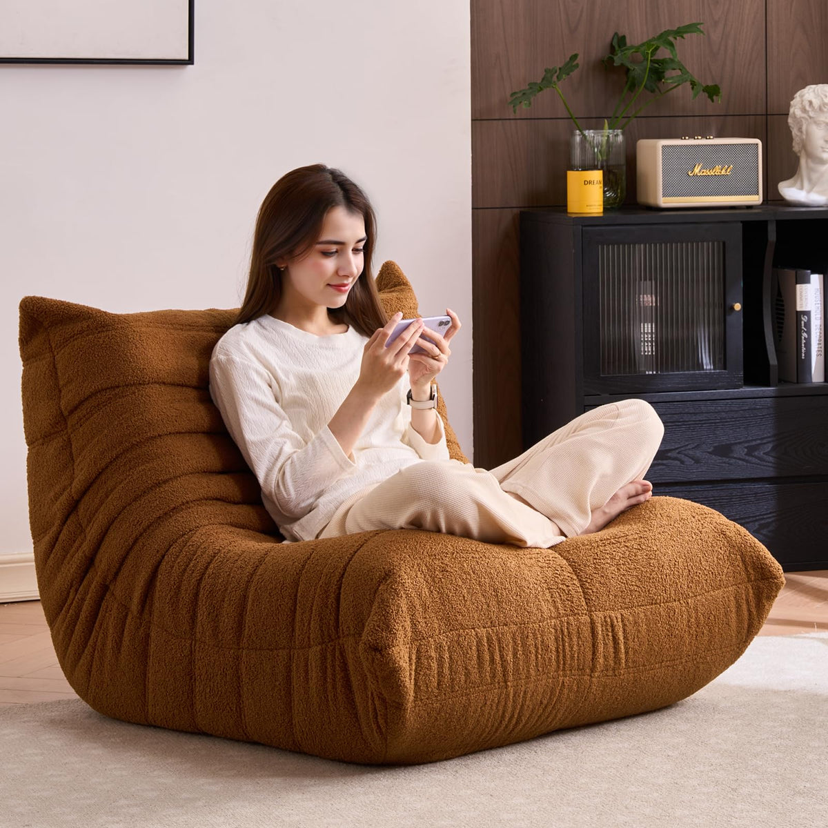 Giant Bean Bag Chairs for Adults - Lazy Floor Sofa Couch Single Seat - Fireside Lounger Chair with All-in-One Memory Foam - Beanbag Togo Sofa for Living Room Bedroom Dorm Office - Brown