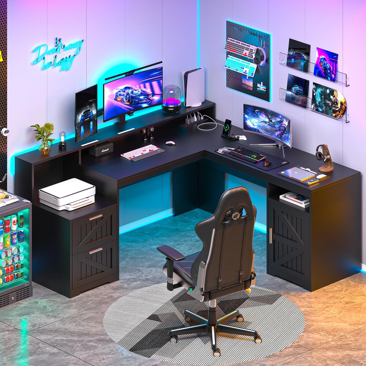 YOMILUVE 63" Farmhouse L Shaped Desk with Drawers & Storage Shelf, Corner Computer Desk with Power Outlets for Home Office, Executive Desk with Monitor Stand, Printer Shelf, Black