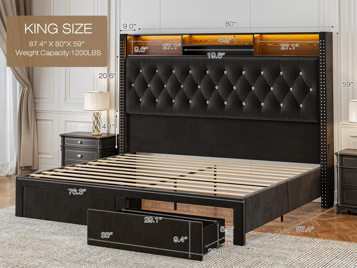 CIKUNASI Upholstered King Size Bed Frame with Headboard and Storage, 60“Tall Bed Frame with 2 Drawers, Tufted Wingback Bed Frame King Size LED Light, Charging Station, No Box Spring Needed