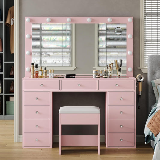 11 Drawers Vanity Desk, Makeup Vanity with Power Outlet, Glass Top, Vanity with Mirror and Light, 3 Color Option, Brightness Adjustable, Dressing Table for Bedroom