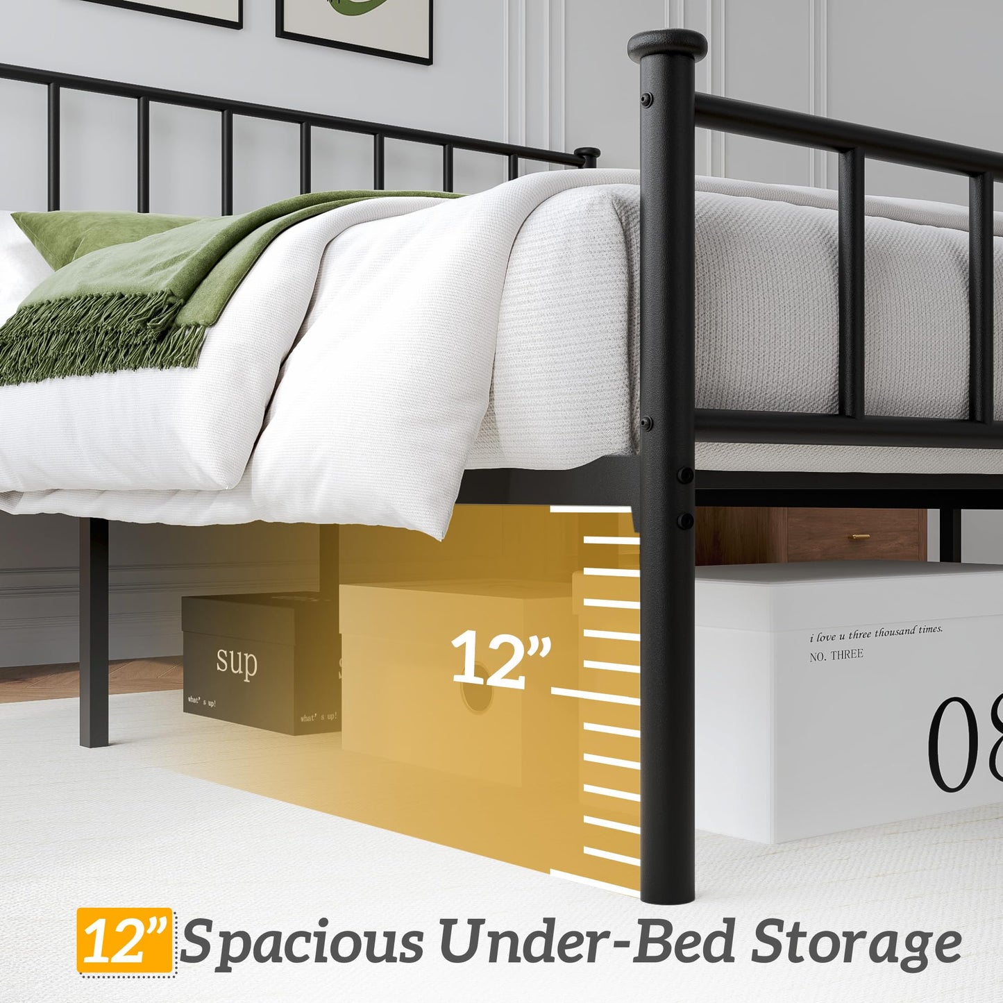 Fluest Queen Bed Frame with Headboard and Footboard, Metal Platform Bed Frame, All Metal Slats Support, Under Bed Storage, No Box Spring Needed, Noise-Free, Easy Assembly, Black