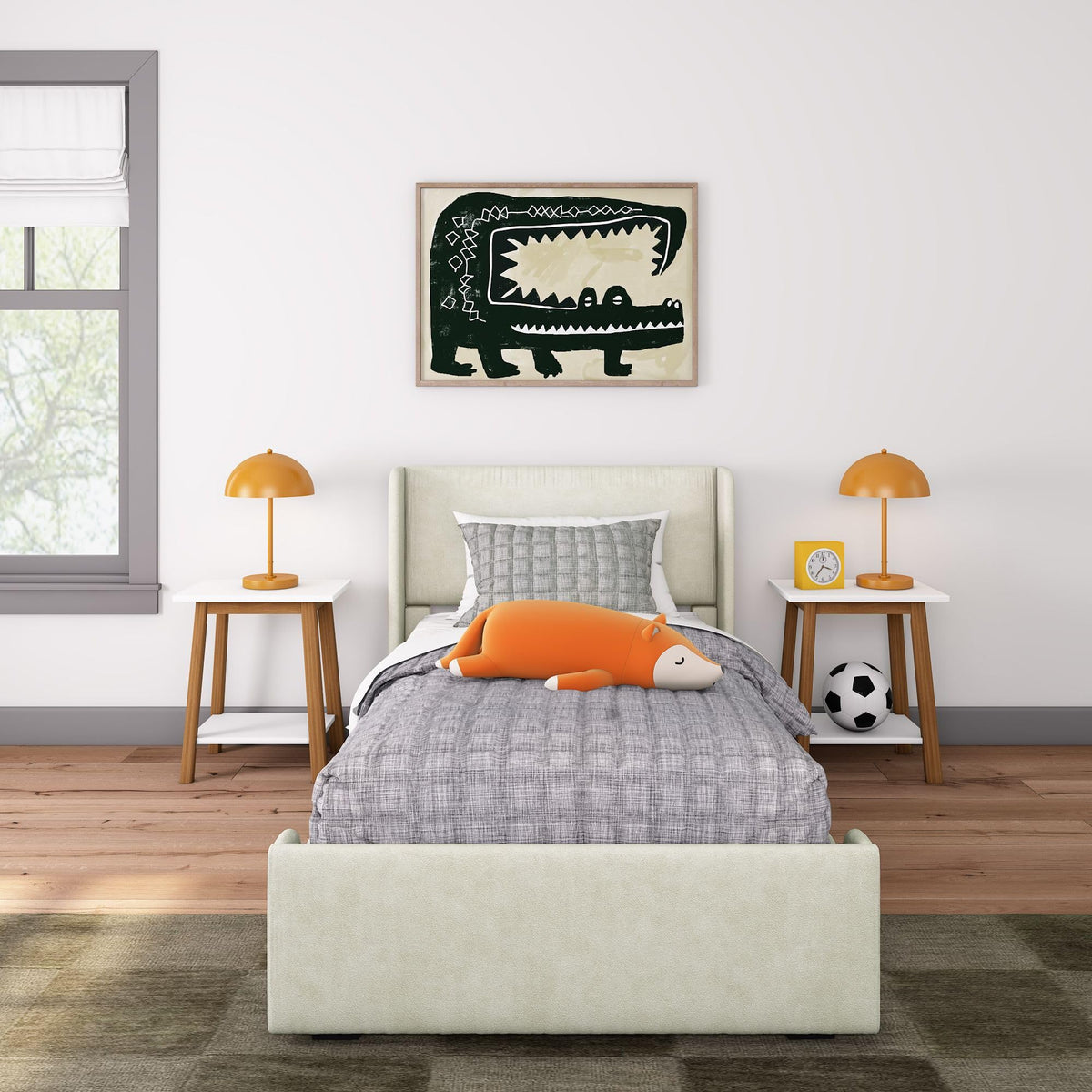 Max & Lily Upholstered Twin Bed Frame with Rectangular Headboard, Upholstered Platform Bed for Kids, No Box Spring Needed, Easy Assembly, Cream