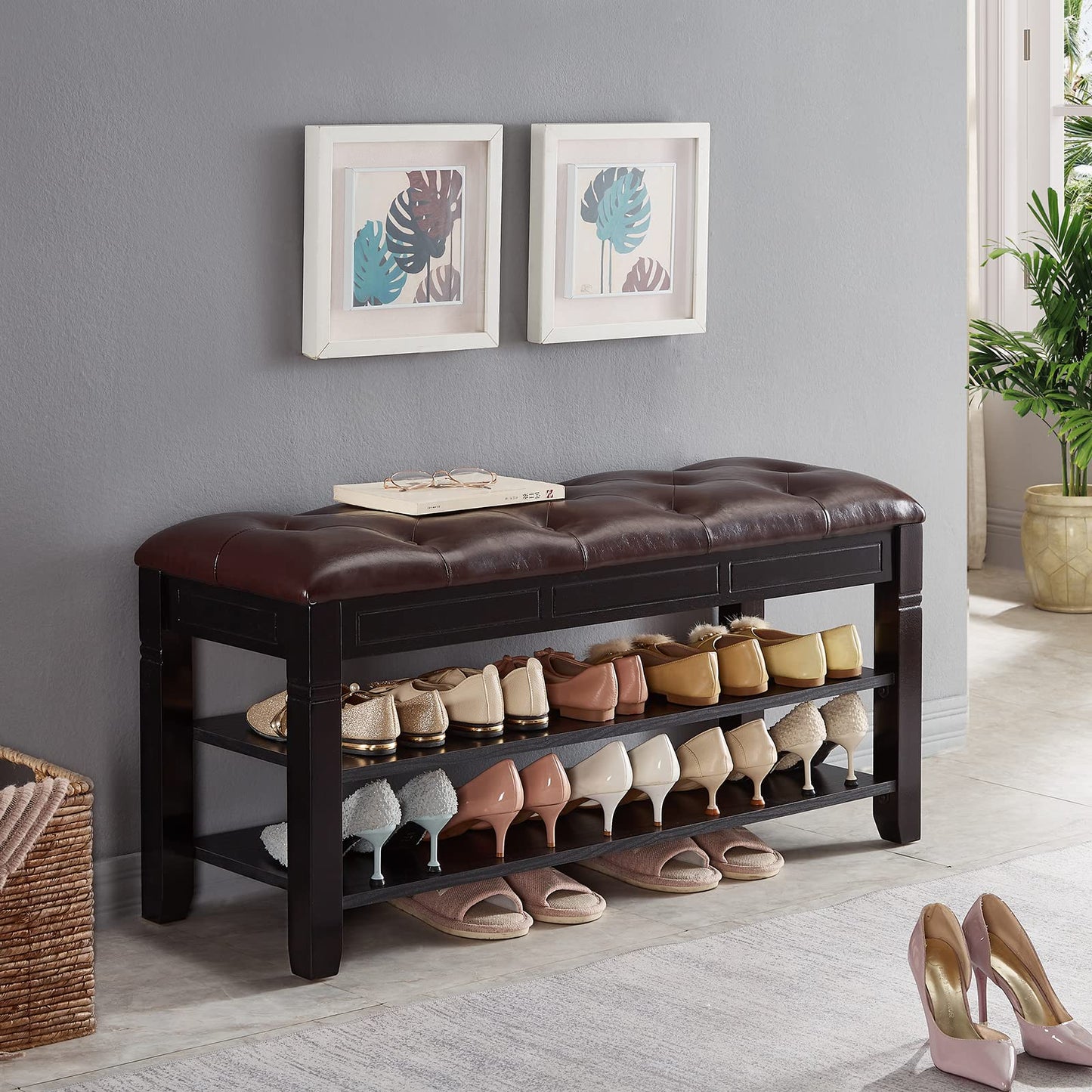 ZIRKOOON Shoe Storage Bench, Entryway Shoe Rack with Fiberleather Seat 2-Tier Lift Top Organizer Wooden Shoe Bench for Entryway Hallway Living Room (Black 39.4x13.8x18.9'')