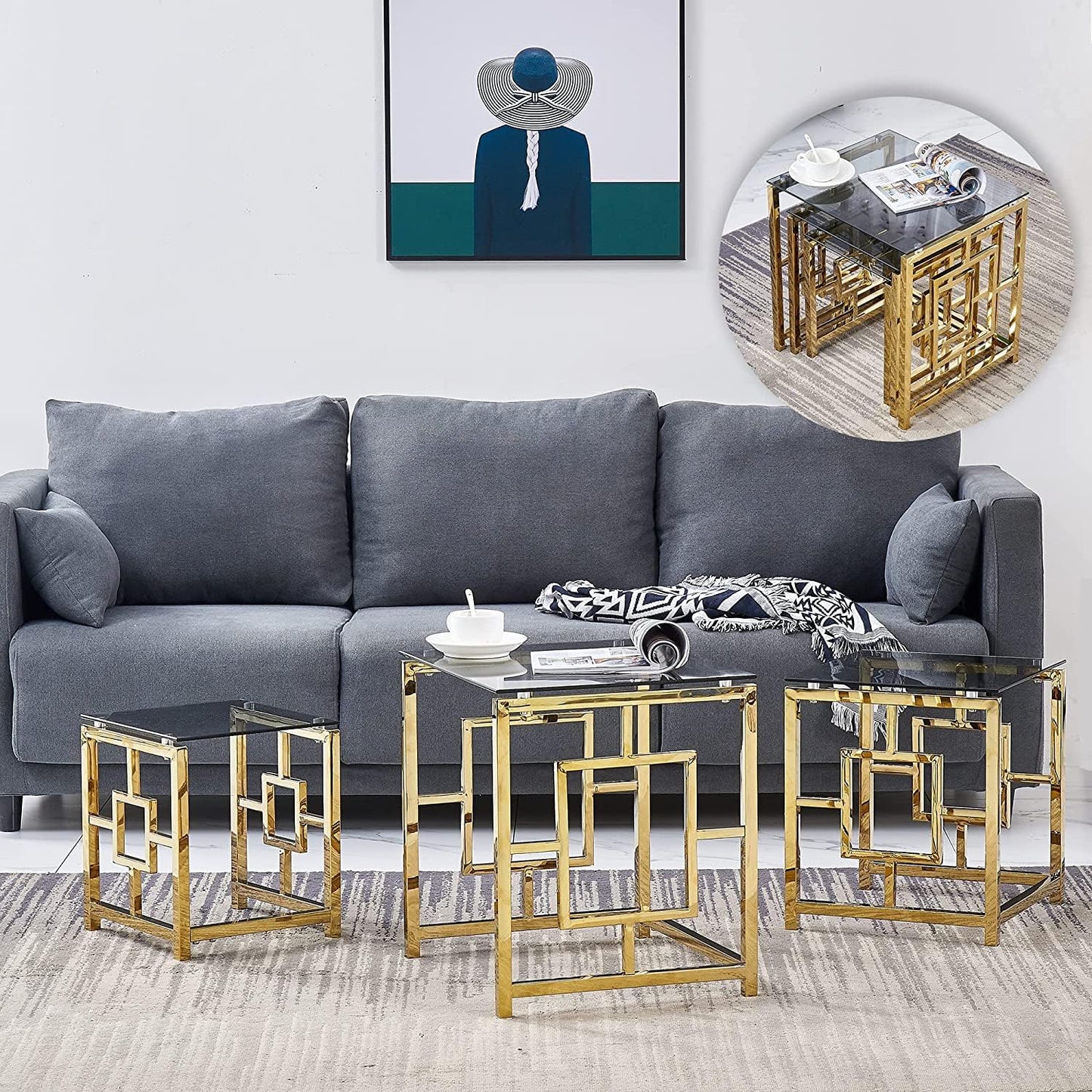 ENJAOUSLF Set of 3 Nesting Coffee Tables Gold Stainless Steel Blue Grey Tempered Glass Modern Sofa Side End Tables