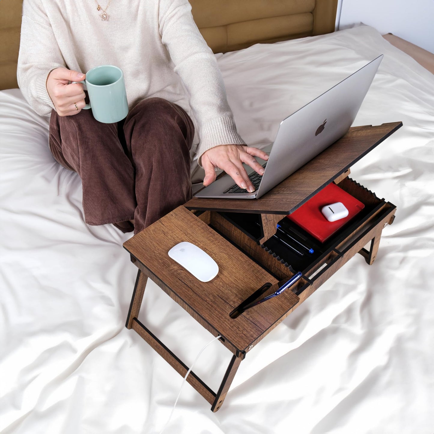 Vigo Wood Laptop Stand for Bed, Adjustable Laptop Lap Desk and Lap Tray with Built-in Storage, Foldable and Ergonomic Design for Reading, Writing, and Working (Walnut)