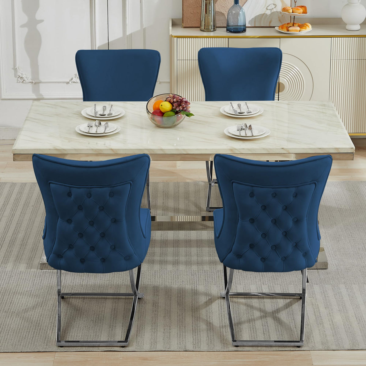 LOULENS Elegance Velvet Dining Chairs Set of 2, Luxurious Upholstered Tufted Dining Room Chairs, Glam Royal Velvet Accent Chairs with Stainless Steel Legs, Dark Blue