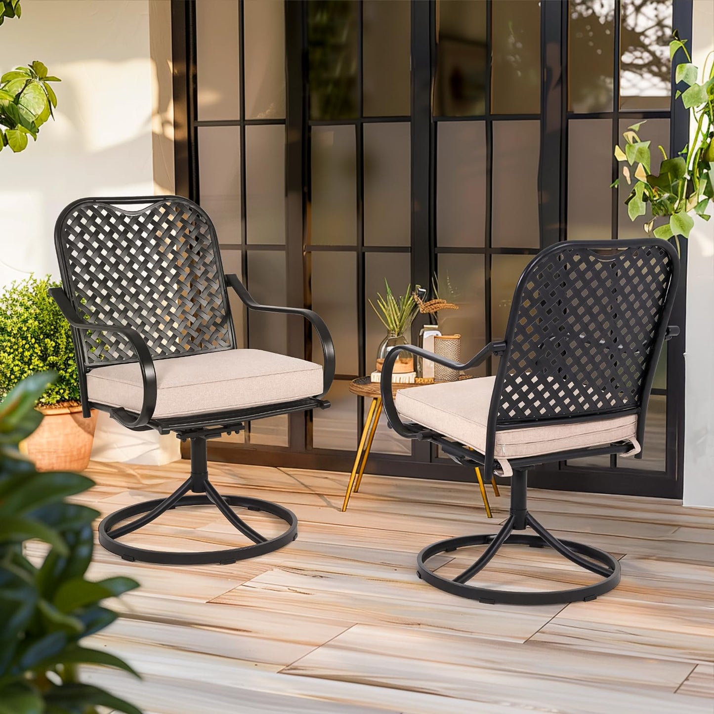 MELLCOM Patio Swivel Chair Set of 2, Heavy Duty Outdoor Dining Chairs with Thickened Cushions, Metal Patio Chairs Gentle Rocker for Outside, Garden & Porch, Backyard, Beige