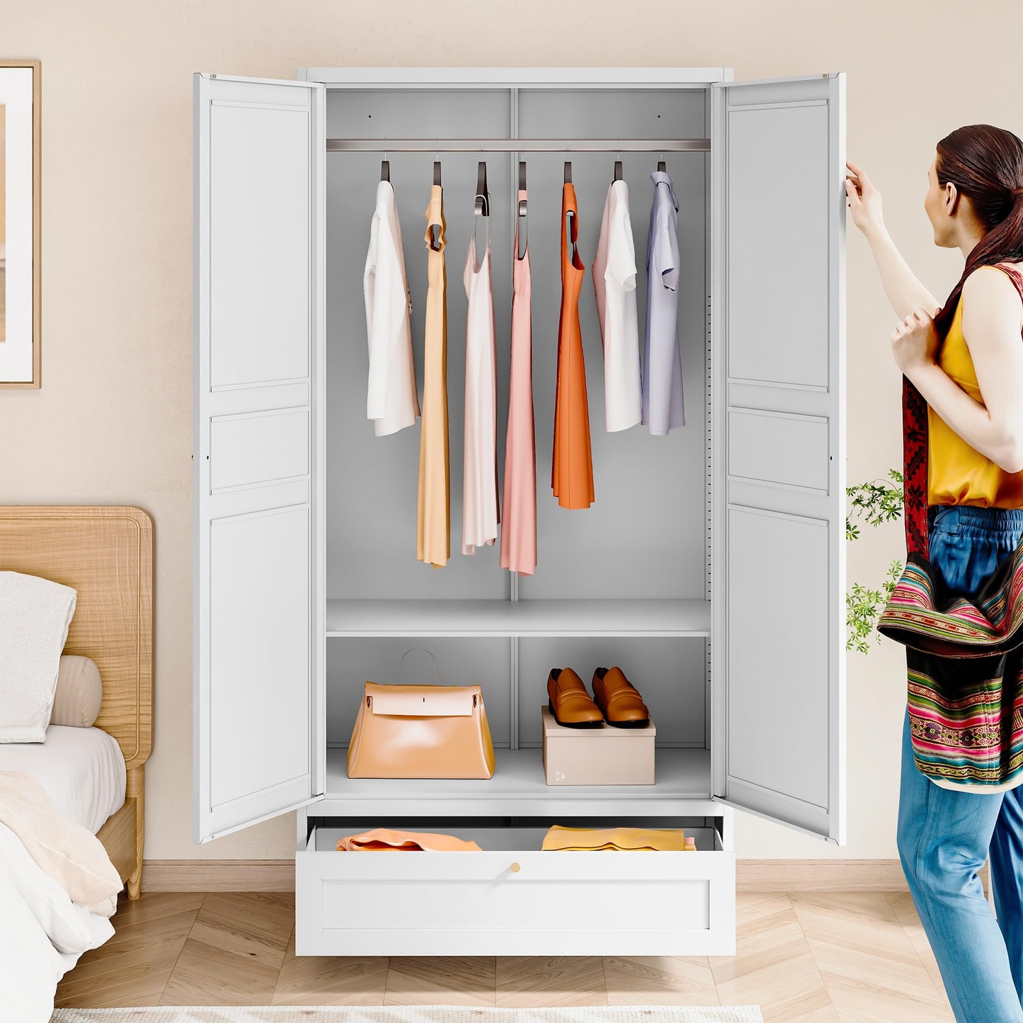 BYNSOE Metal Armoire Wardrobe Closet with 2 Doors 72'' Wardrobe Cabinet with Drawers and Hanging Rail Metal Closet with Adjustable Shelves for Bedroom. (White, with 1drawer)