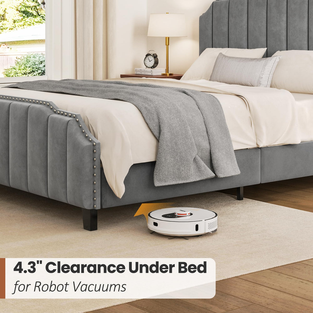 RIHHA Grey Queen Size Upholstered Platform Bed Frame with 46.8'' Tall Vertical Channel Tufted Headboard, Wooden Slats, Noise-Free, No Box Spring Needed, Easy Setup