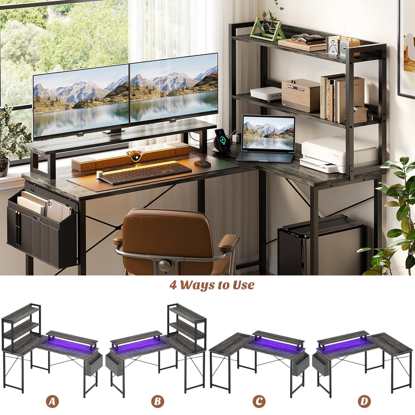 Homieasy L Shaped Computer Desk with Bookshelf, 47 Inch Reversible Corner Gaming Desk with Charging Station & Led Light, Home Office Desk with Hutch Monitor Stand Storage Shelves Bag, Black Oak