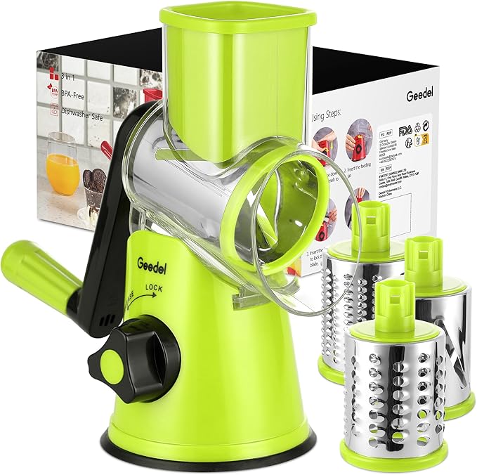 Geedel Rotary Cheese Grater, Kitchen Mandoline Vegetable Slicer with 3 Interchangeable Blades, Easy to Clean Rotary Grater Slicer for Fruit, Vegetables, Nuts