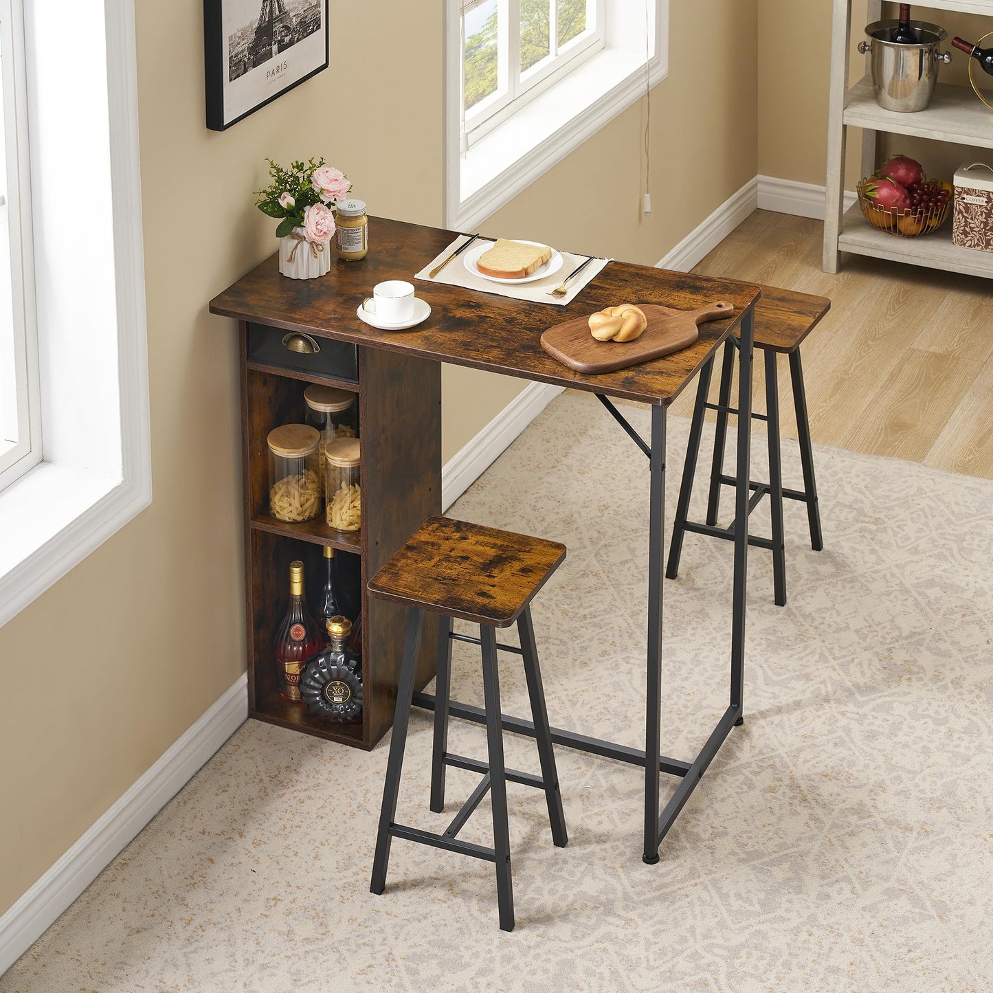 IDEALHOUSE 3-Piece Dining Table Set for 2， Kitchen Table and Chairs with Storage Drawer & Shelf – Compact Kitchen Table and 2 Bar Stools, Perfect for Small Kitchens, Apartments, Brown