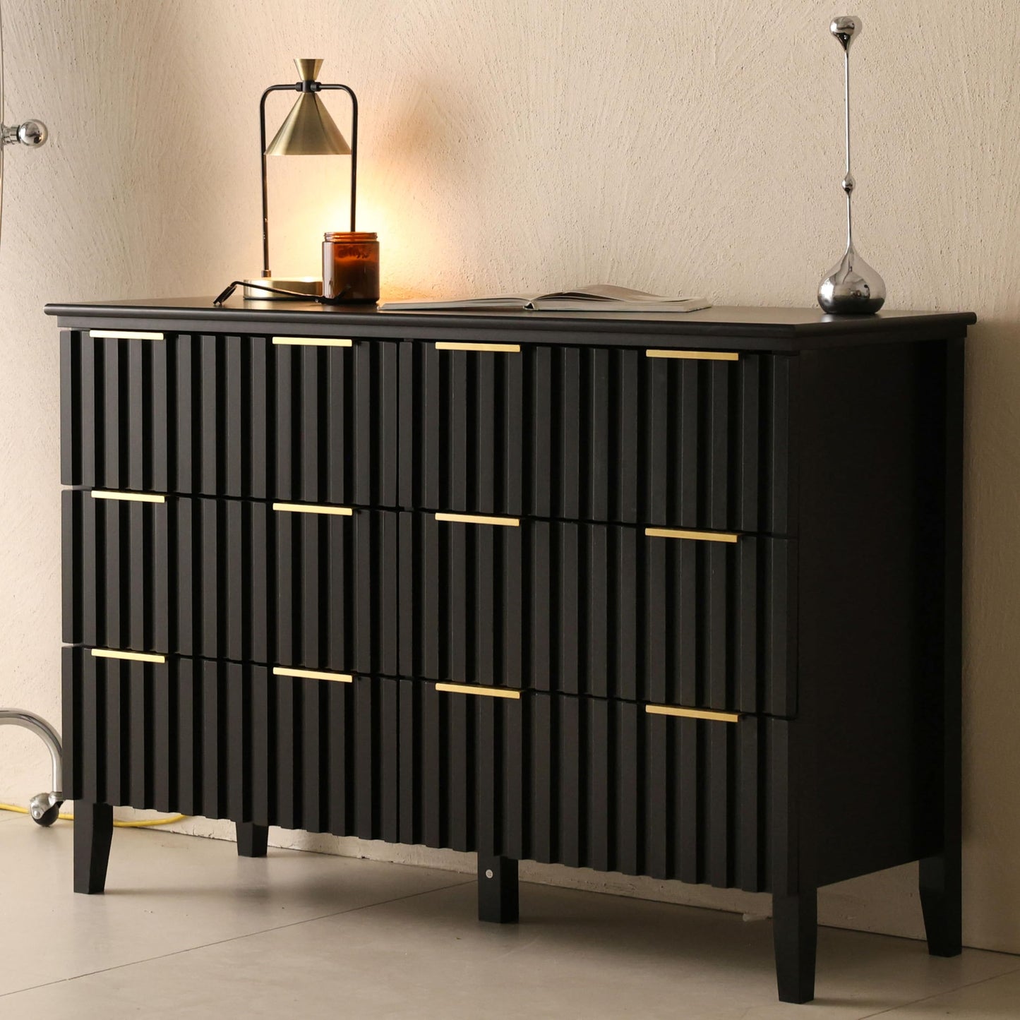 LAZZO 6 Drawer Dresser for Bedroom Black Fluted Wooden Dresser Tall Chest of Drawers with Double Golden Handles Modern Storage Chest TV Stand Storage Cabinet for Living Room, Hallway，Closet