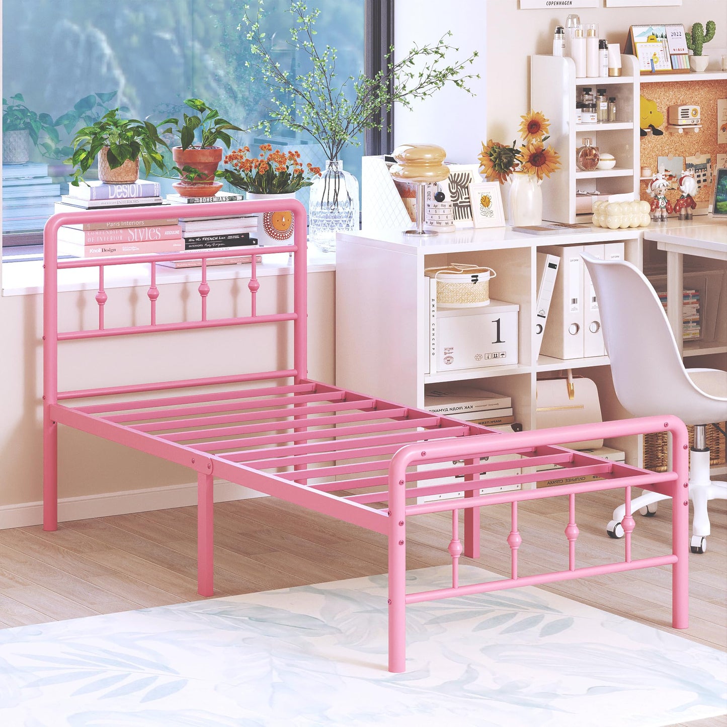 DiaOutro Classic Metal Platform Pink Twin Bed Frames with Headboard and Footboard, 16 Inch No Box Spring Needed Heavy Duty Victorian Style Iron-Art Mattress Foundation/Under Bed Storage
