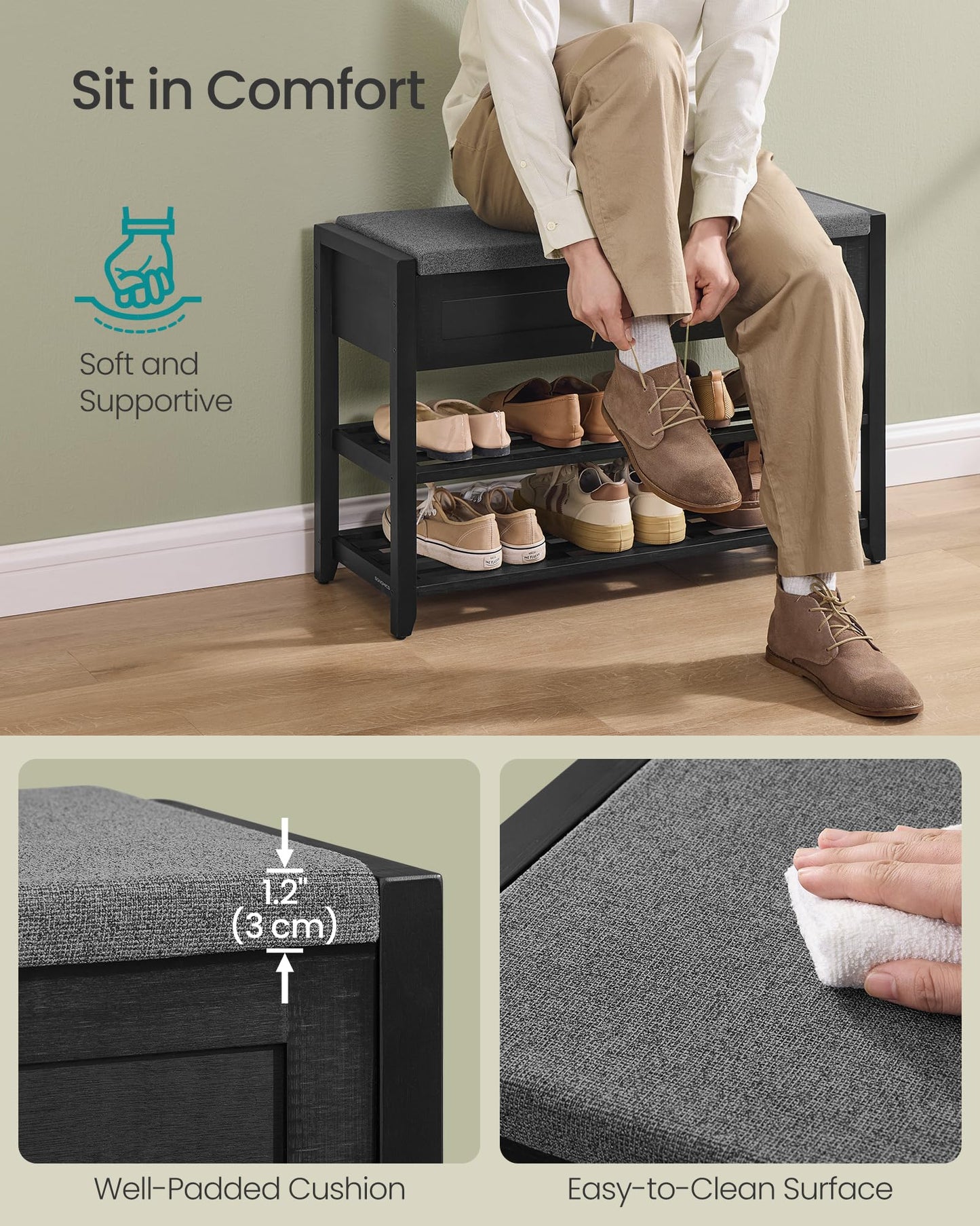 SONGMICS Storage Bench, Bamboo Shoe Rack, Entryway Furniture, 31.5 Inches Wide, Hidden Storage Compartments, 2-Tier Shoe Shelves, for Entryway, Living Room, Bedroom, Dorm, Ink Black ULSB056B01