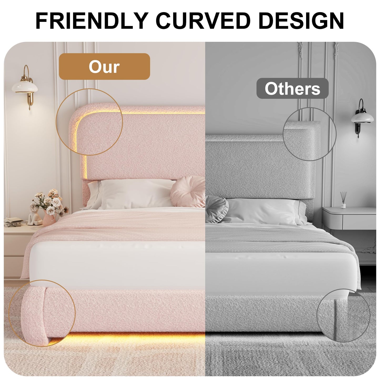 Queen Bed Frame, Soft Teddy Fleece Upholstered Platform Bedframe with Thickened Rounded Corners Headboard Footboard, Modern Curved Shaped Cloud Bed Frame with LED Lights, No Box Spring Needed, Pink