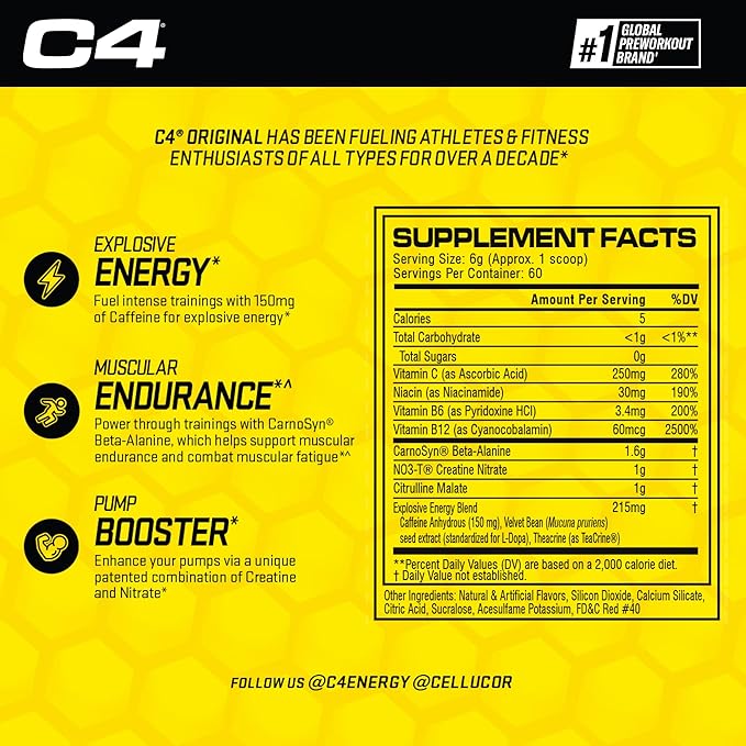 C4 Original Pre Workout Powder Fruit Punch - Vitamin C for Immune Support - Sugar Free Preworkout Energy for Men & Women - 150mg Caffeine + Beta Alanine + Creatine - 60 Servings