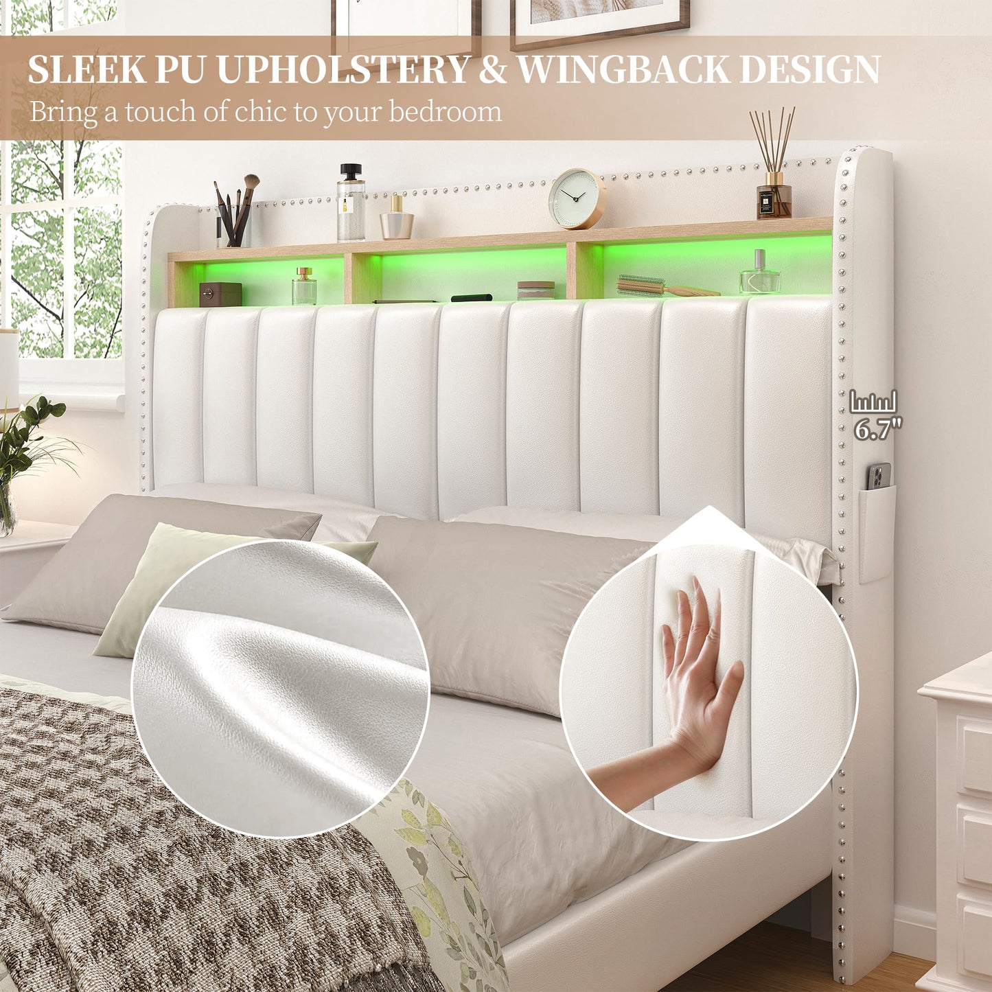 SIBEDS Queen LED Bed Frame with 2 Drawers, Modern Platform Beds with 2 Tier PU Leather Upholstered Storage Wingback Headboard, Channel Tufted Bedframe with Rivet Decor, No Box Spring Needed, White