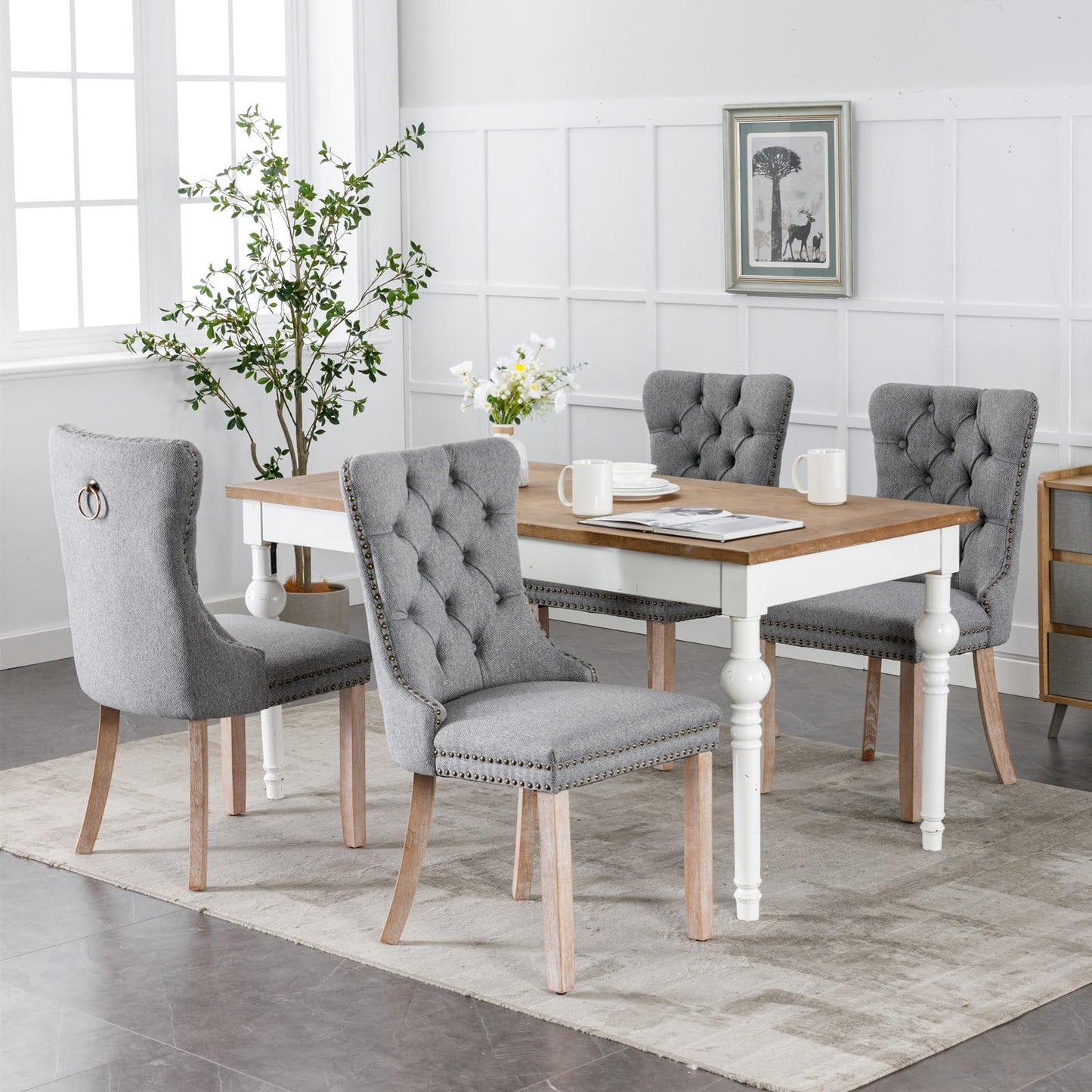 LKTART Upholstered Dining Chairs Set of 4 with Button Tufted, Linen Chair with Solid Wood Legs for Dining Room, Living Room, Bedroom, Kitchen Grey
