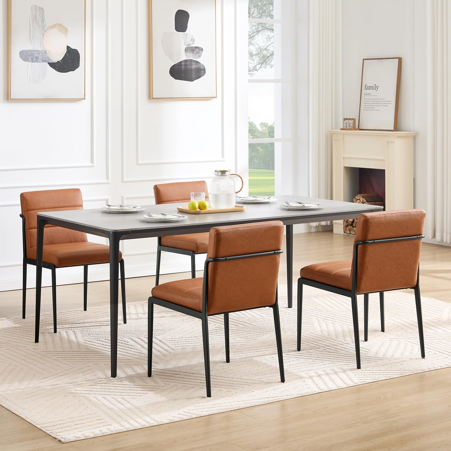 Flouki Modern Dining Chairs Set of 4, Faux Leather Kitchen Chairs with Wide Seating, Upholstered Dinner Chairs for Kitchen Dining Room with Thick Foam Padded on Backs, Sturdy Metal Legs, Brown