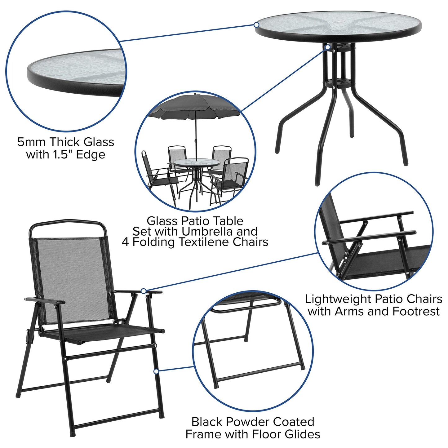EMMA + OLIVER 6 Piece Black Patio Garden Set with Umbrella Table and Set of 4 Folding Chairs
