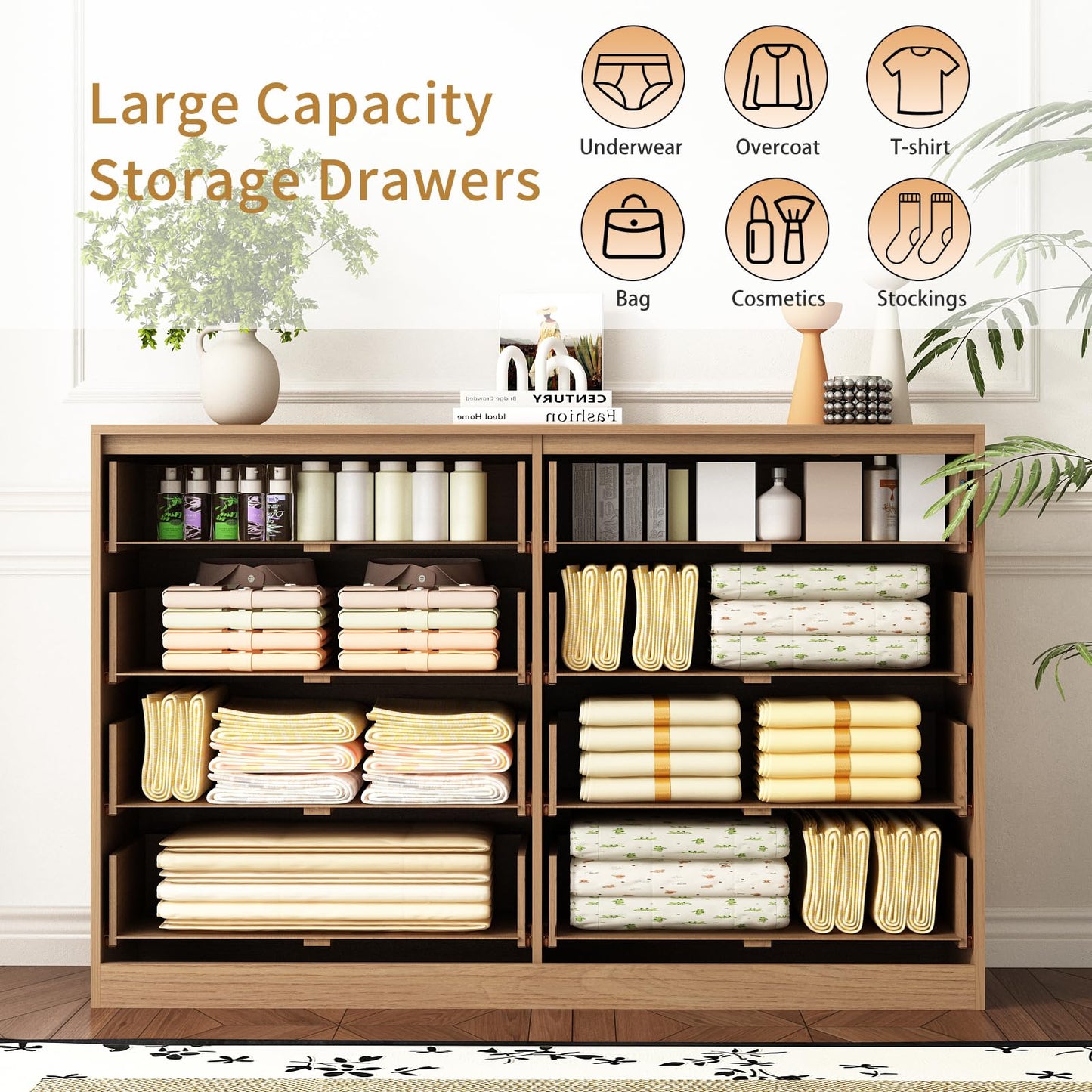 Sscaktu 8 Drawer Dresser for Bedroom, Modern Fluted Double Dresser, 55" Wide Chest of Dressers, Mid Century Wooden Beside Table for Closet, Living Room and Entryway, Natural
