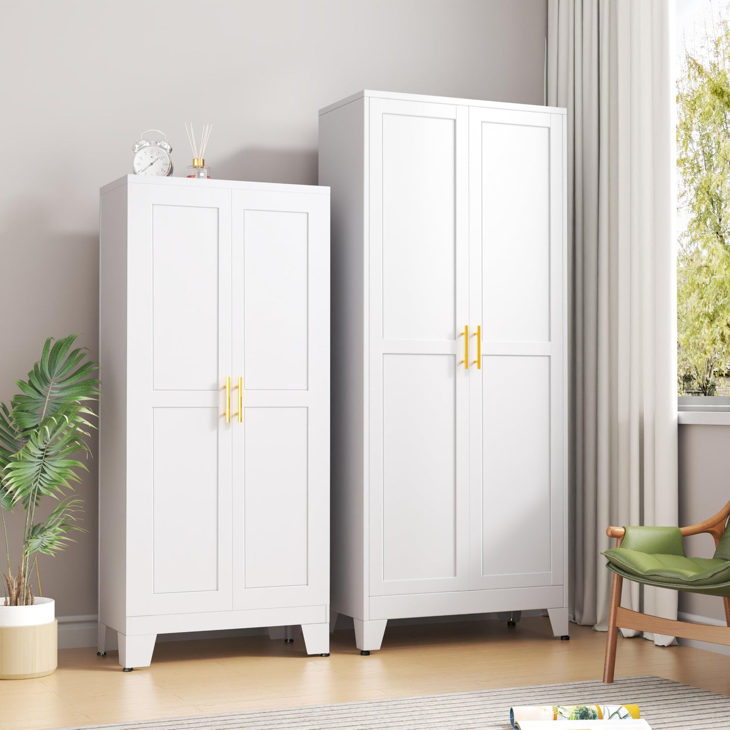 pozdeg 75” Tall Pantry Cabinet, Metal Kitchen Storage Cabinet with 2 Doors and 5 Adjustable Shelves, White Storage Cabinet Cupboard for Kitchen, Dining Room, Living Room and Bathroom (White)