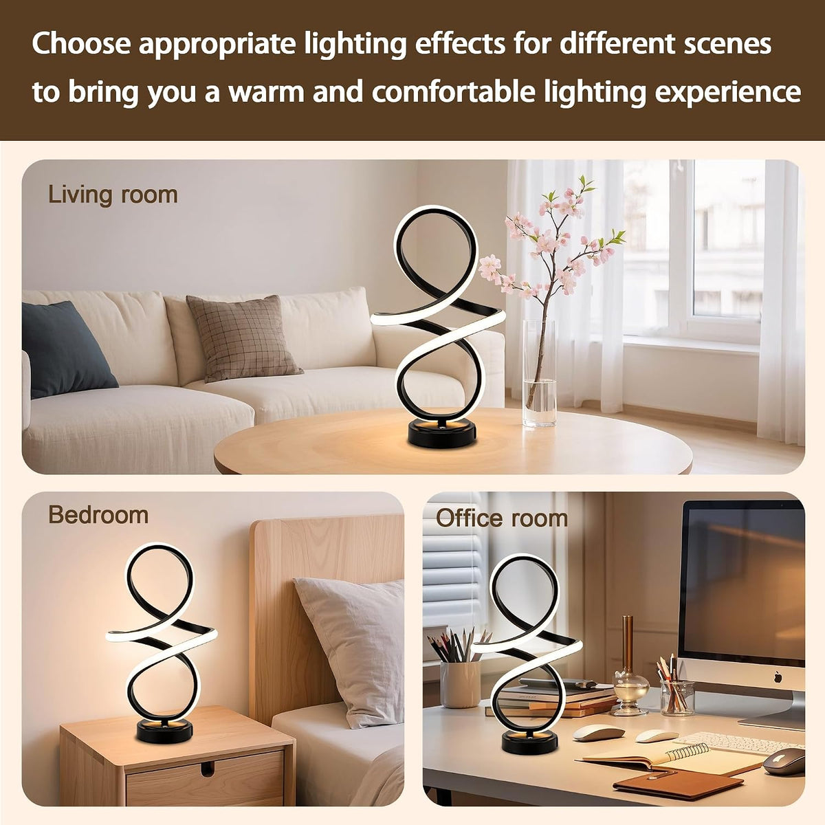 Modern Small Table Lamp with LED Spiral Design, 12W Black Nightstand Lamp
