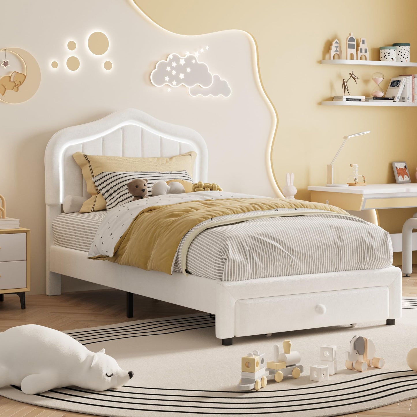 GarveeHome Twin Upholstered Bed Frame with Storage Drawer and Smart Led Headboard, Twin Size Platform Bed Frames for Kids, Wooden Slats Support, No Box Spring Needed, Easy Assembly, White