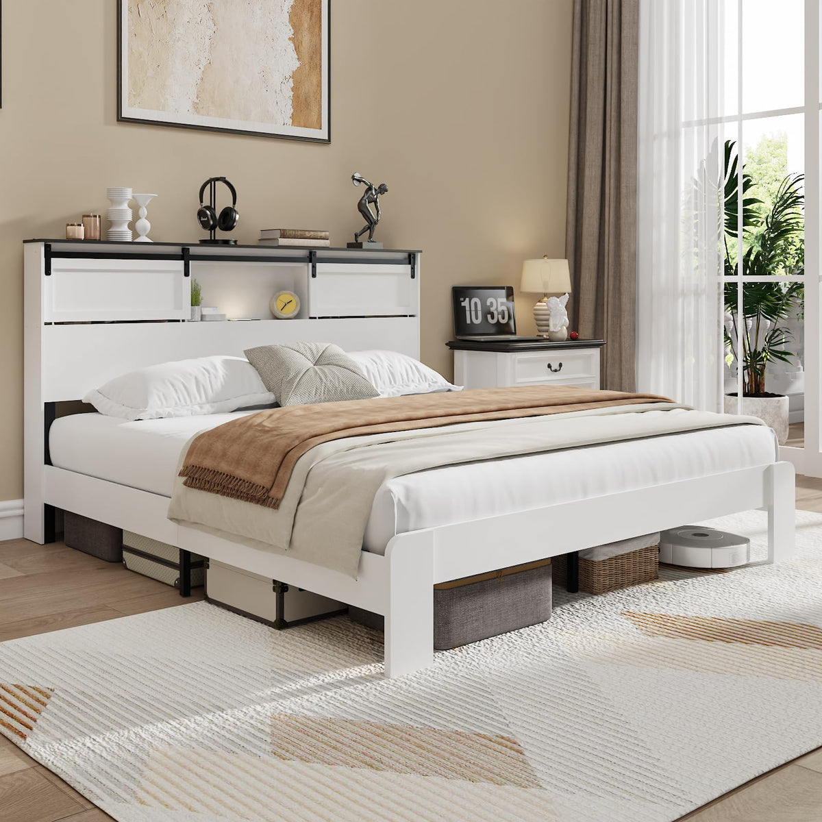 QNICE King Size Wooden Bed Frame with Storage Headboard, LED Lights & Charging Station, Sliding Barn Door, Farmhouse Wood Platform Bed with Metal Slats Support, Boho White