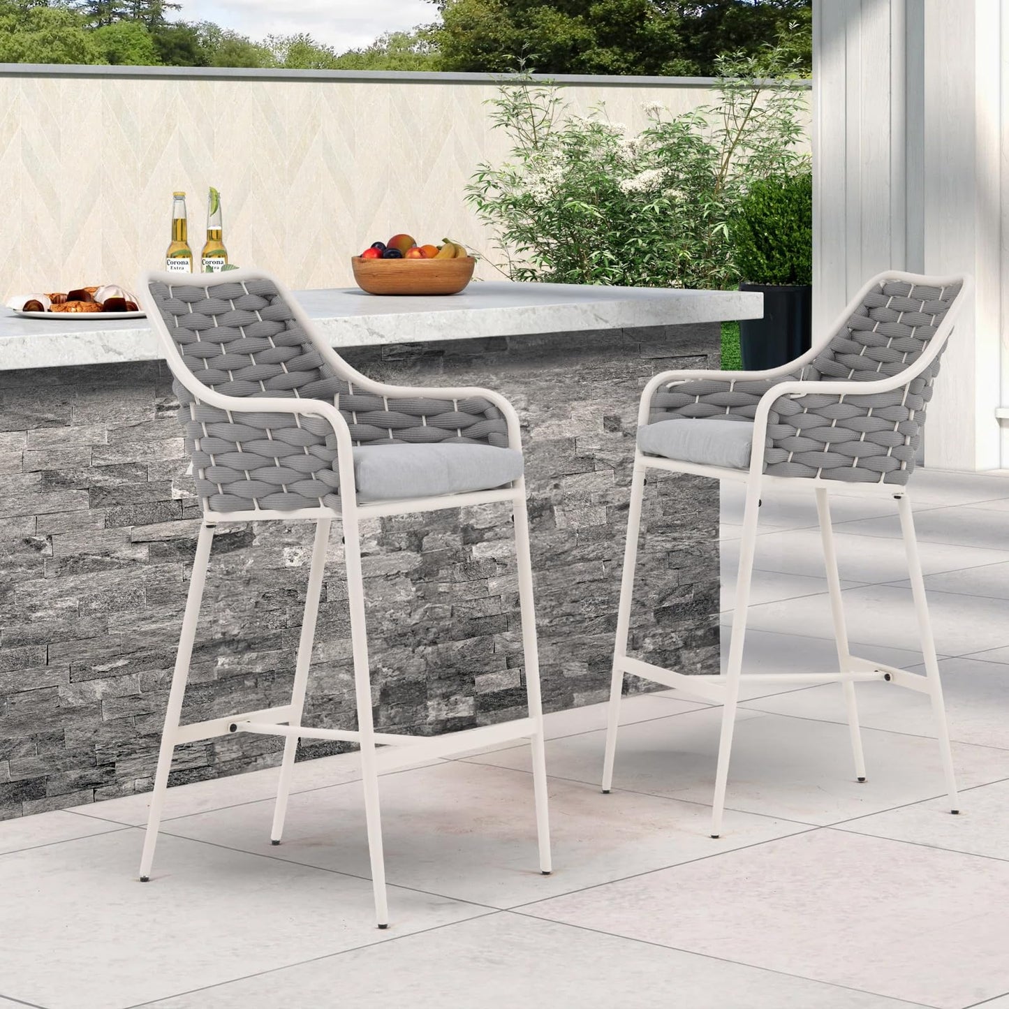 SUNSITT Outdoor Bar Stools Set of 2, 31.8” Patio Metal Counter Height Chairs w/Weather-Resistant Cushion, Woven Rope Design Modern Bar Height Outdoor Chairs w/Armrest Light Gray for Garden Poolside