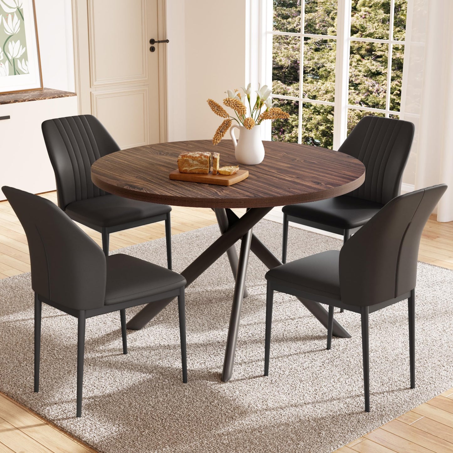 HIPIHOM 45.3'' Walnut Round Dining Table Set for 4, Mid Century Modern Small Coffee Set for Dining Room Kitchen Apartment (Walnut Table + 4 Black Chairs)