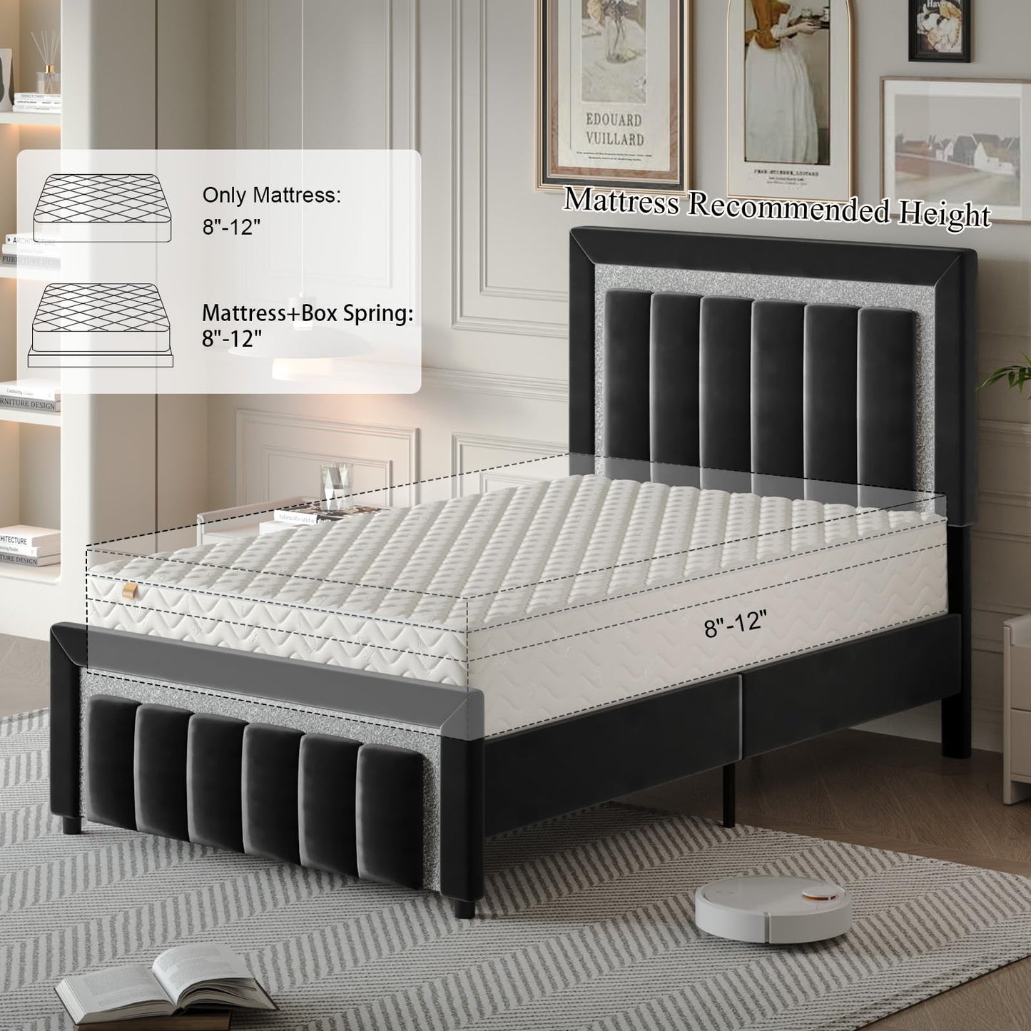 HOMBCK Twin Bed Frame with Headboard and Footboard, Upholstered Bed with Diamond Velvet Design, Kids Bed Frame with Wooden Slats Support, No Box Spring Needed, Easy Assembly, Black