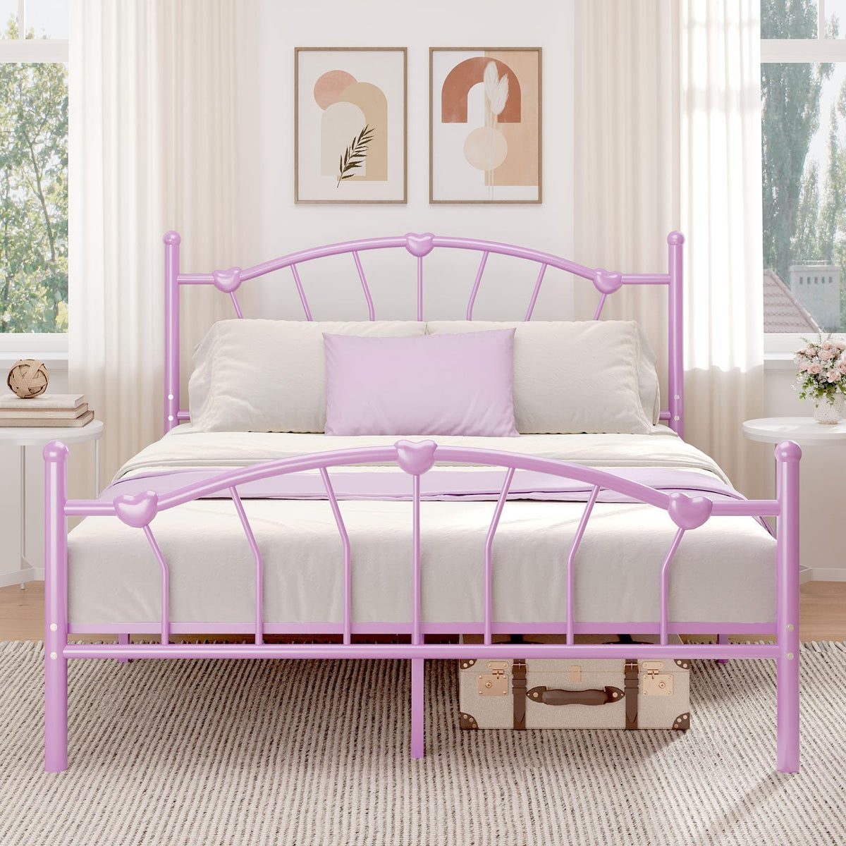 Full Size Metal Platform Bed Frame, Full Bed Frame with Heart-Shaped Decorative Headboard and Footboard, Heavy Duty Metal Slat Support, No Box Spring Needed, Noise-Free, Easy Assembly, Purple