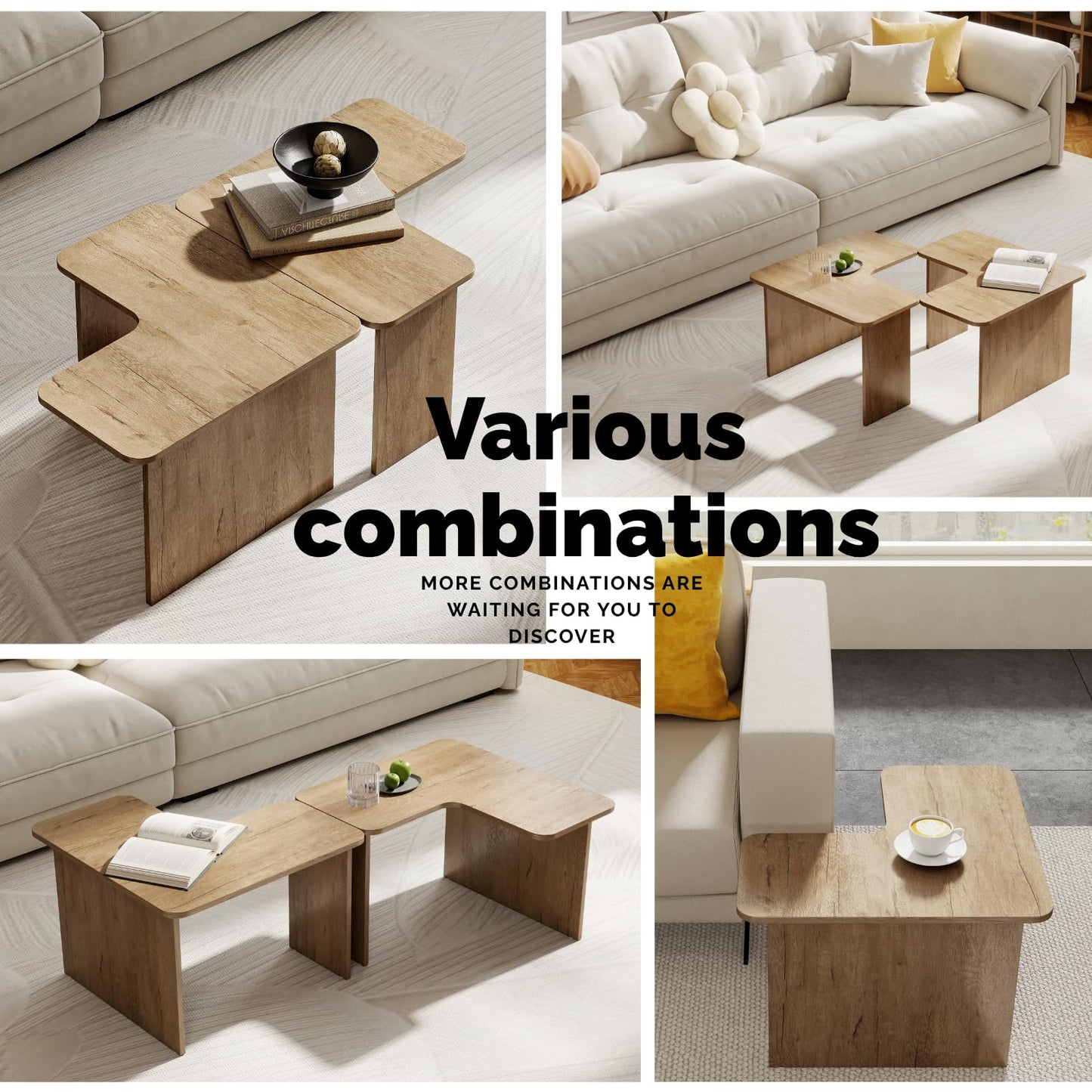 Modern Nesting Coffee Table Set of 2, Natural Wooden L-Shape Square Coffee Table for Living Room, Small Center Table End Table Sets with Rustic Wood Grain for Bedroom Office Cafe