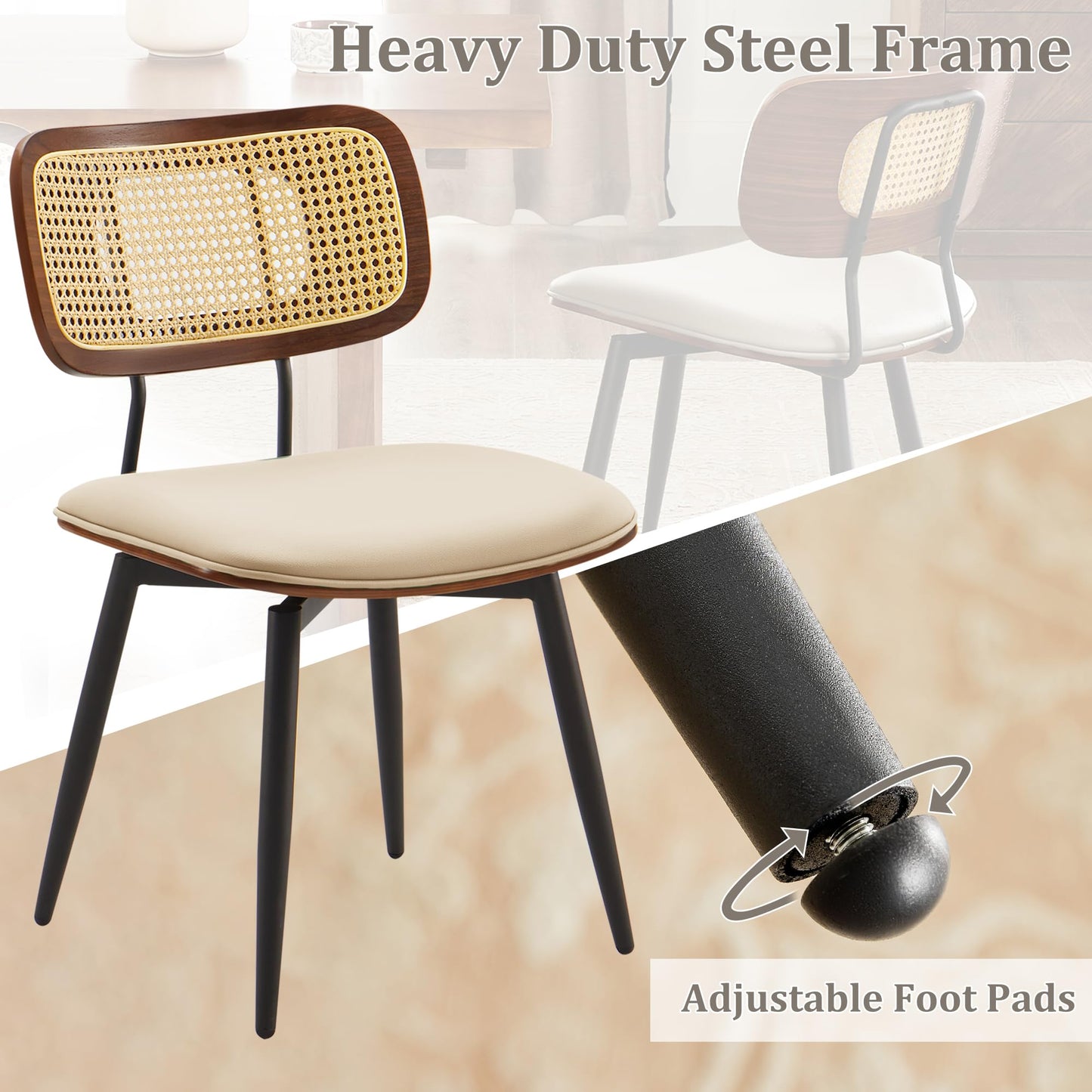 Quenvo Swivel Dining Chairs with Rattan Back, Rattan Leather Dining Chairs with Swivel Metal Legs, Mid-Century Modern Synthetic Leather Upholstered Kitchen Chair, Set of 4, Beige